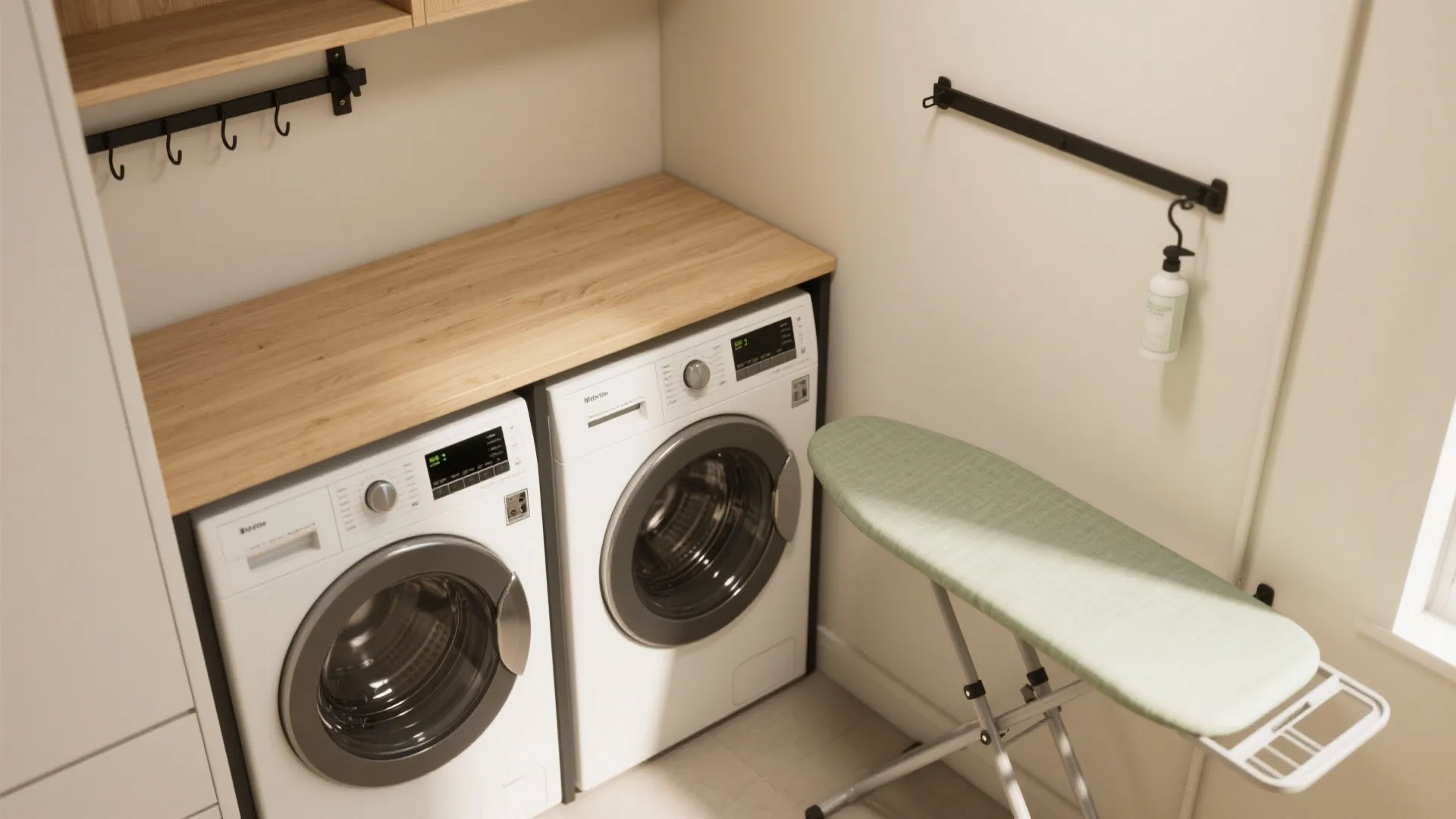 Laundry room layout with two white washing machines under a wood counter and green iron
