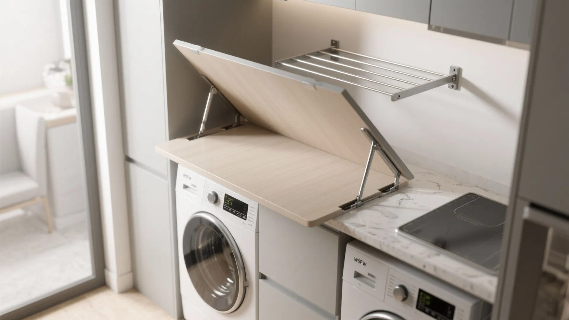 2. Fold-down worktops and wall-mounted drying