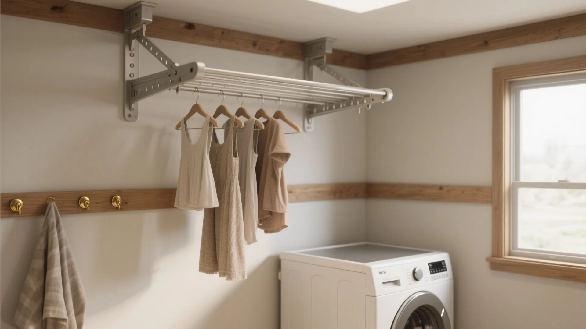 Wall mounted drying rack with hanging clothes located above a white washing machine in laundry room