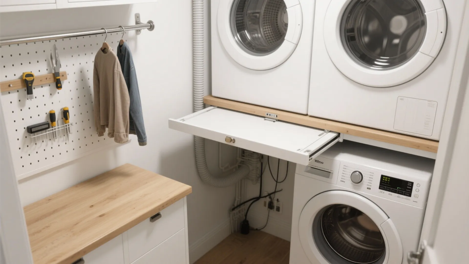 Modern laundry room with white washing machines pull out folding table wood counter and pegboard
