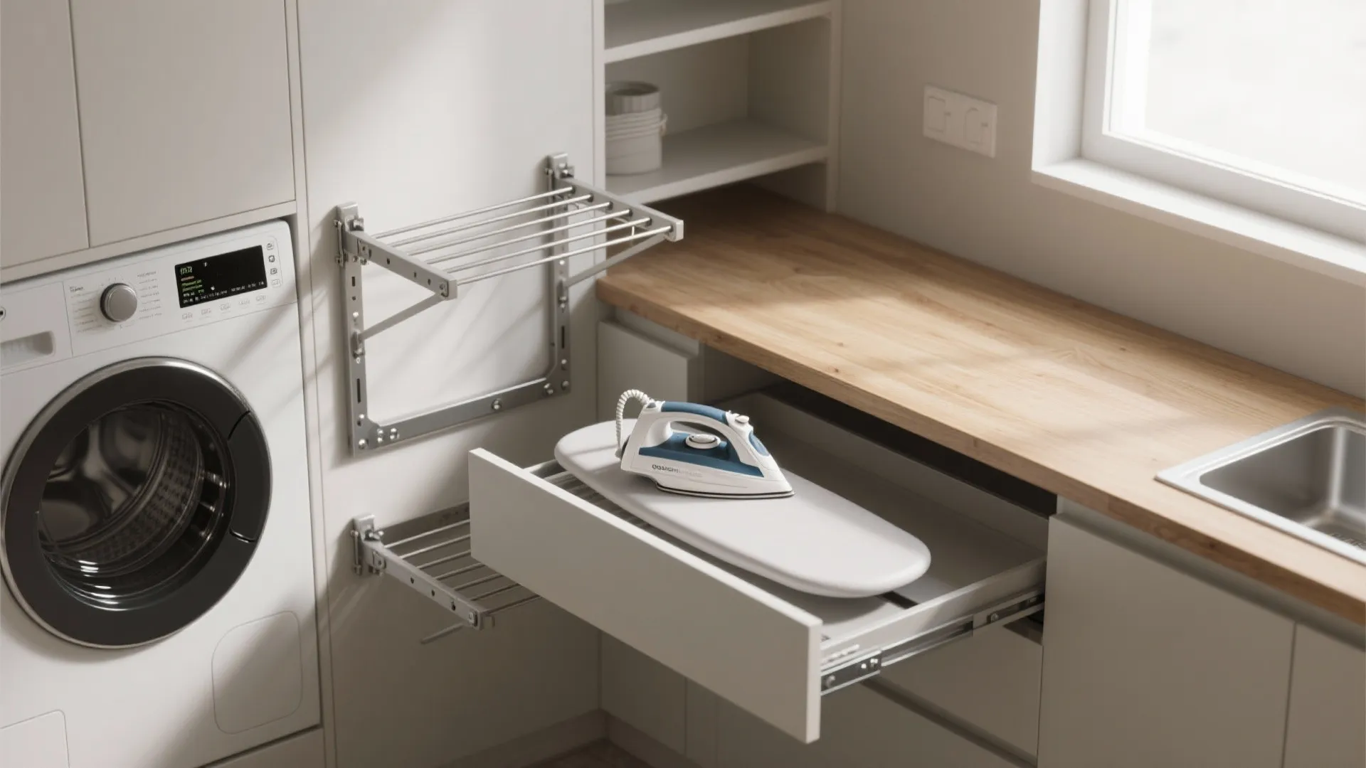 Fold-Down Drying Racks and Pull-Out Ironing