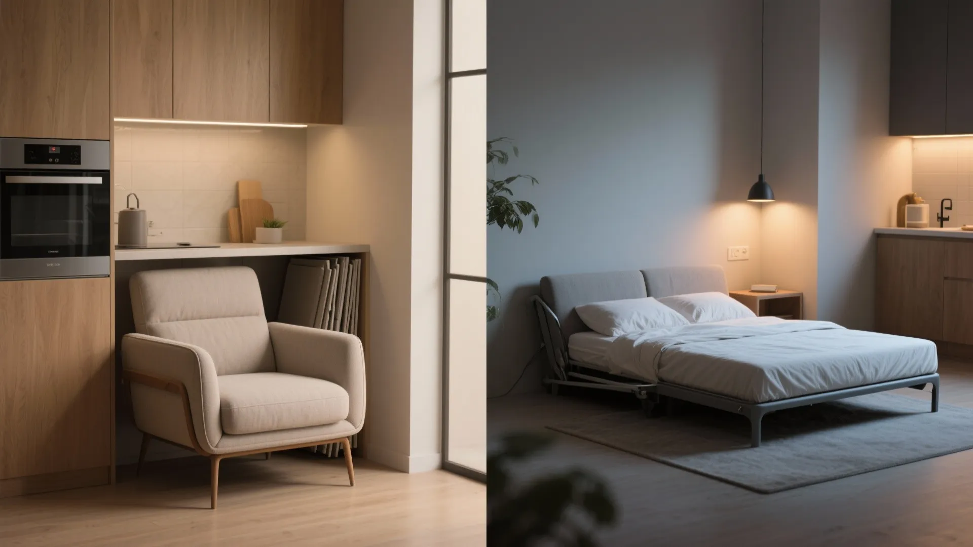 Side by side comparison of a compact sofa and an open guest bed for apartment