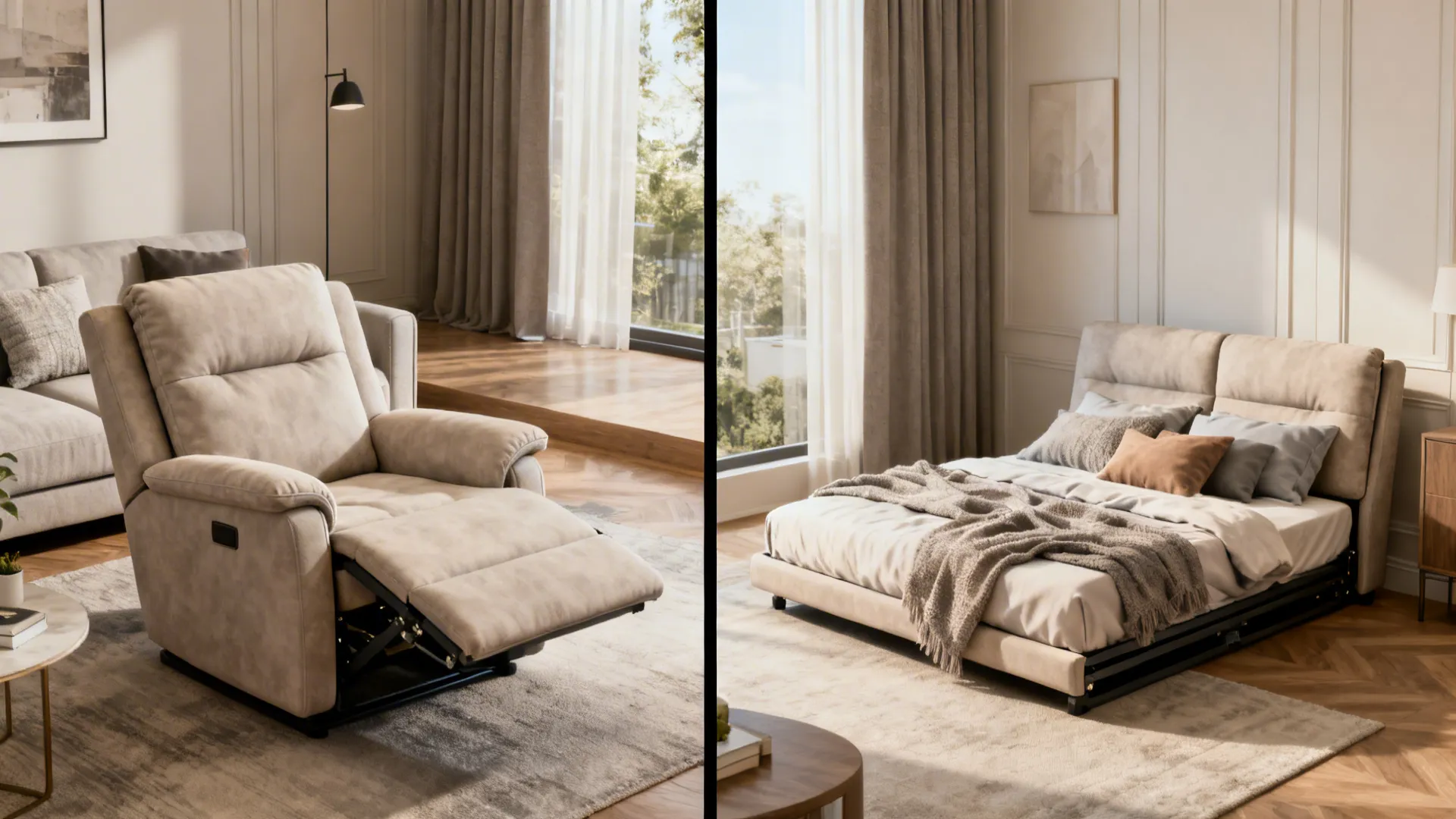 Before-and-after of a fold-flat recliner: chair mode and converted short daybed in a compact living space.