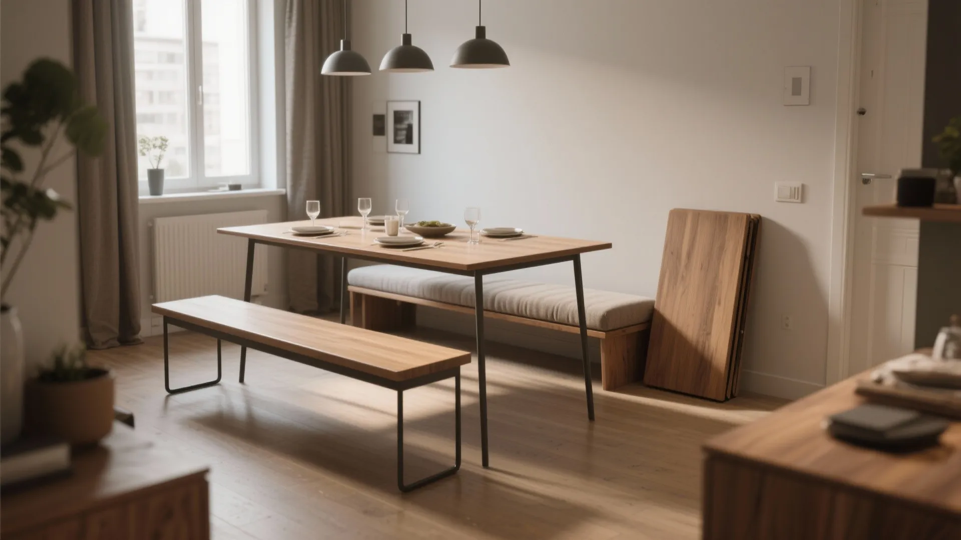 3. Slim benches that fold flat for multi-seat needs