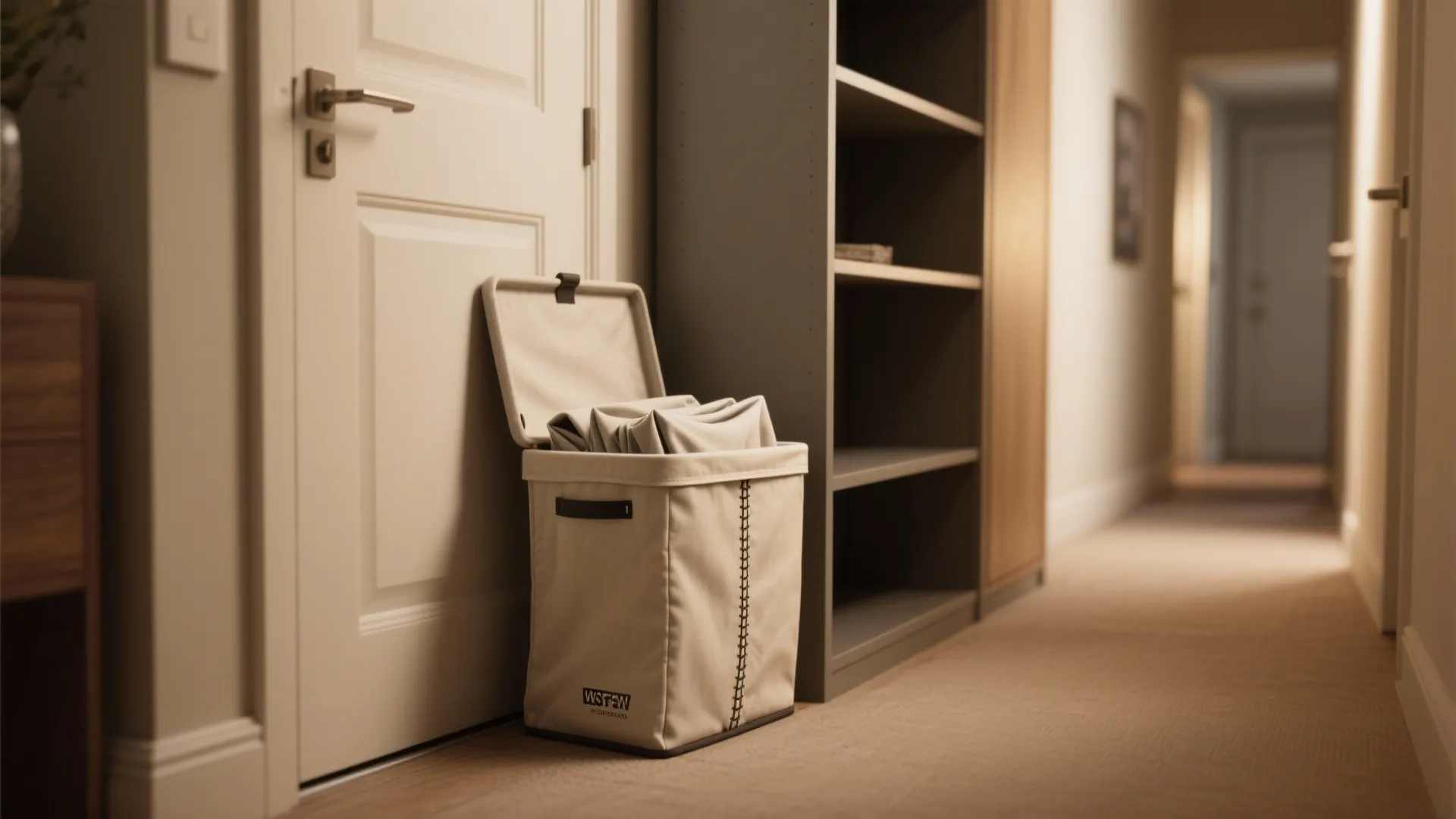 Beige fabric laundry hamper with open lid placed near a white door in a hallway