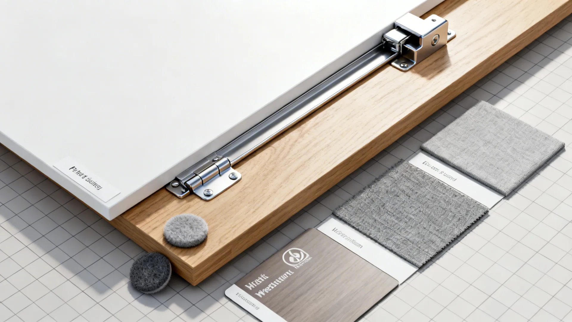 Close up of furniture materials including wood panels metal hinges fabric swatches and grey pads