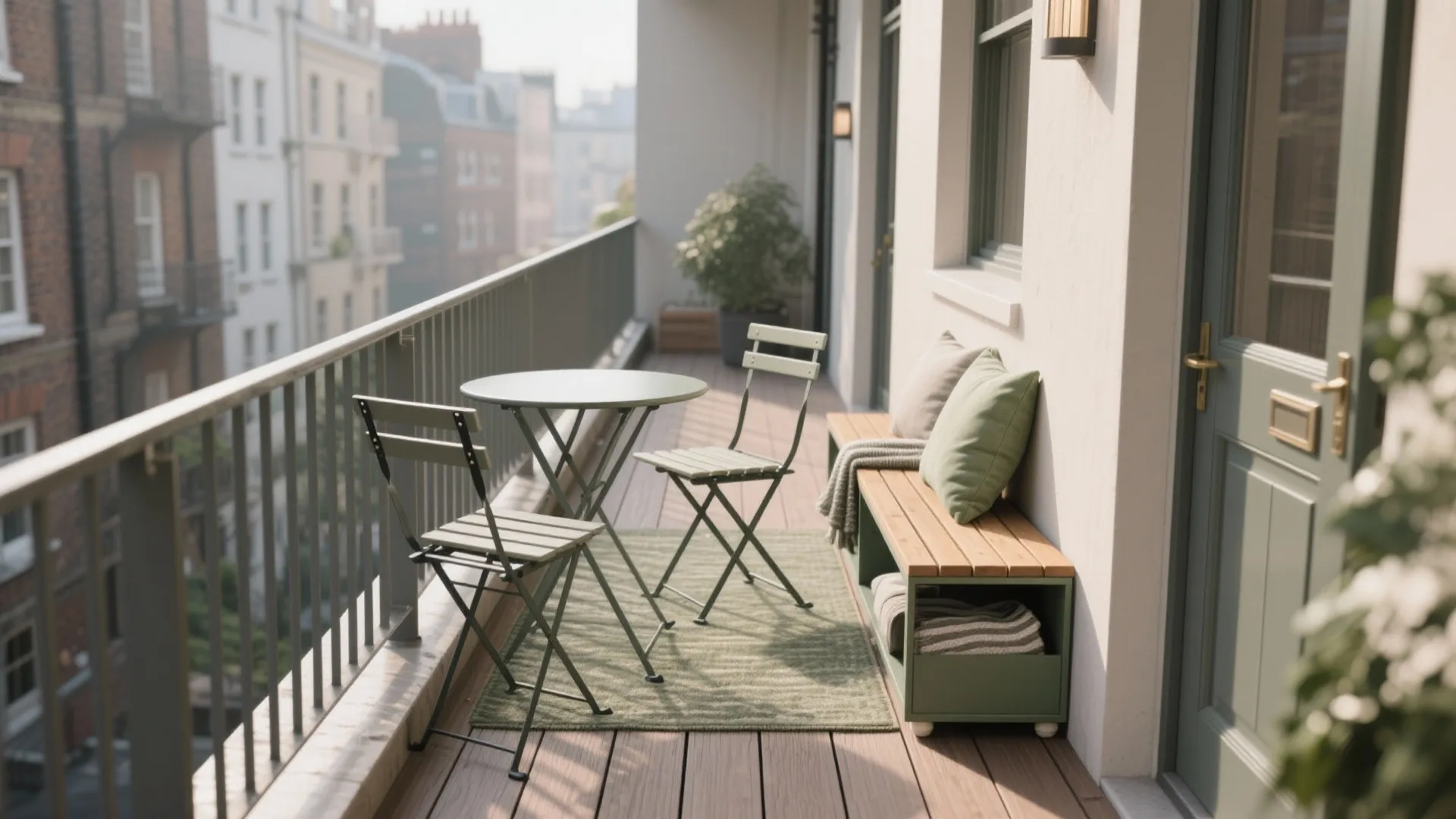 Narrow apartment balcony featuring a green folding table set with chairs and a wooden bench