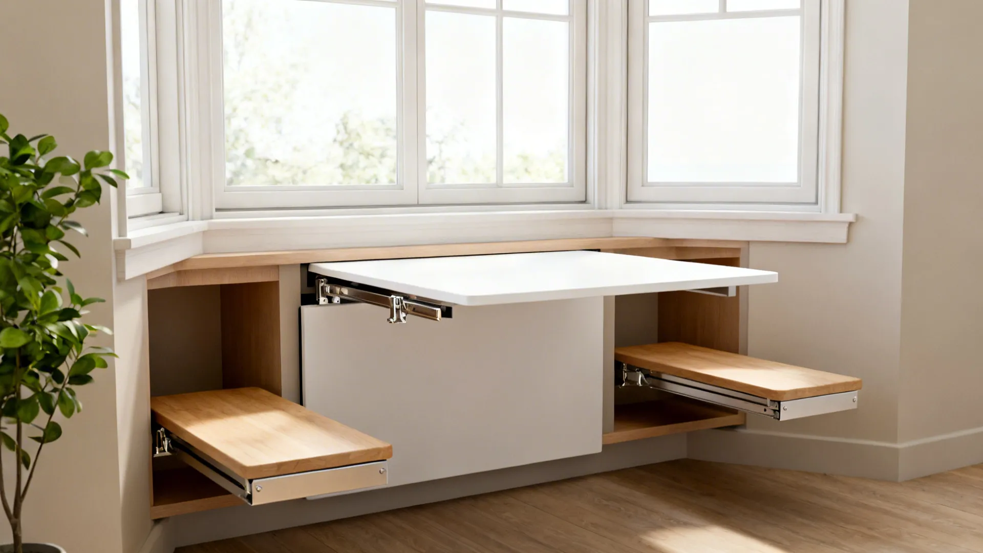 A bright window area with a pull-out white table and two sliding wooden seat platforms
