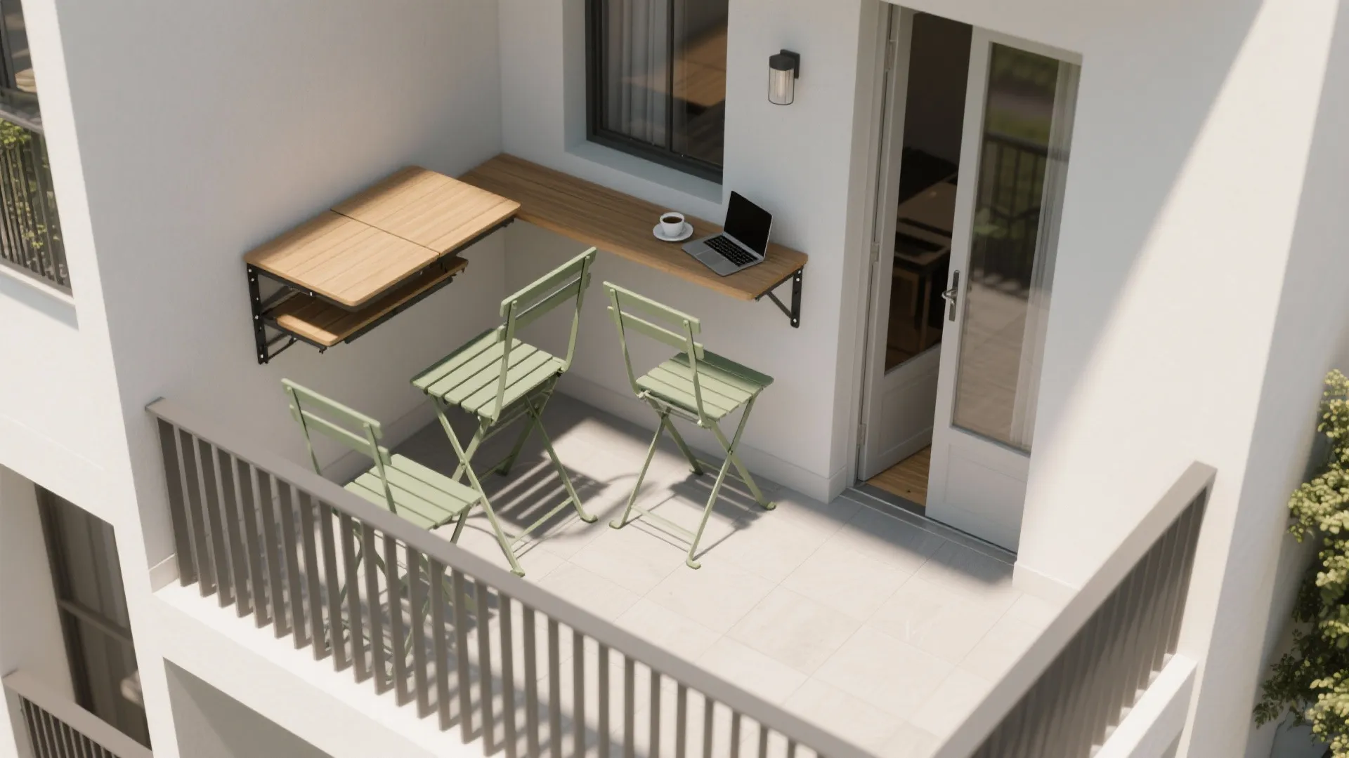 Small white balcony area with folding wooden wall table green chairs laptop coffee and metal railing