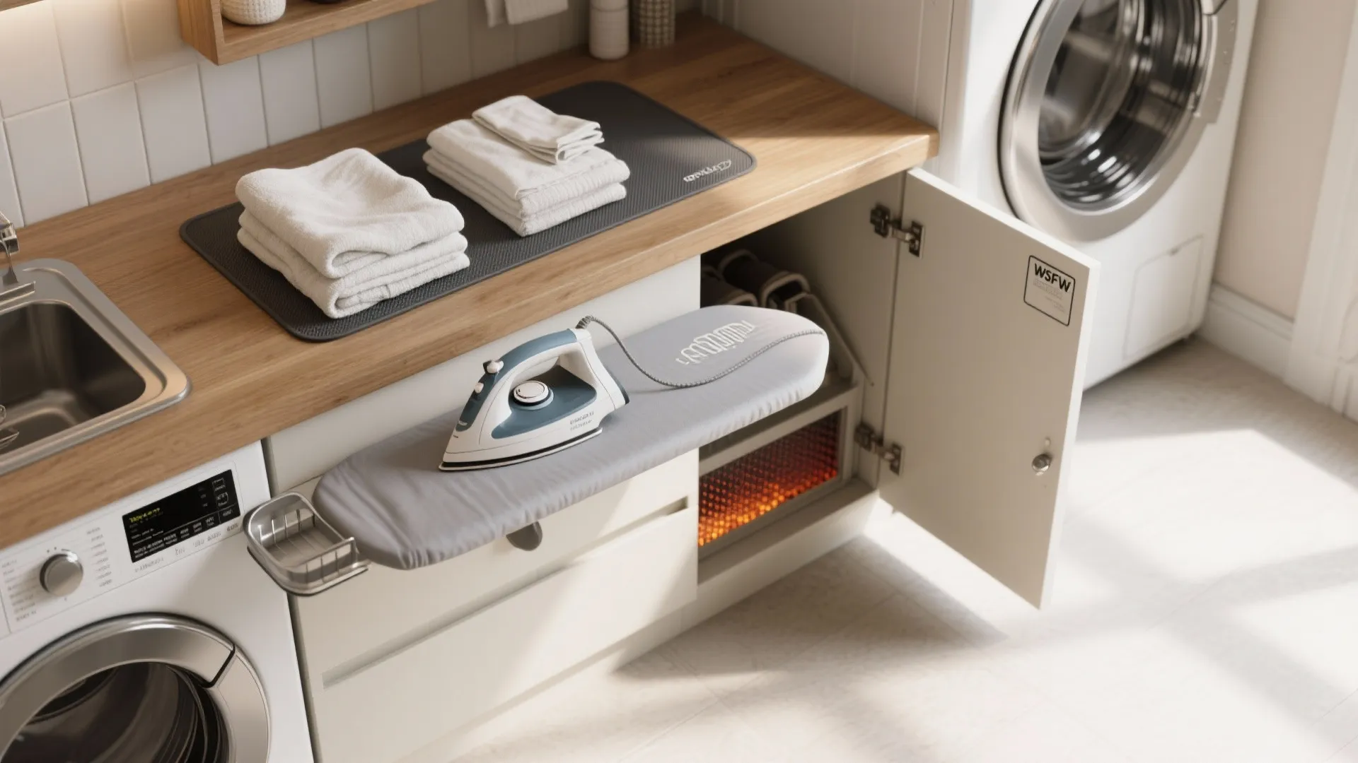 Pull-out ironing board with iron, wooden countertop with folded white towels and a laundry sink