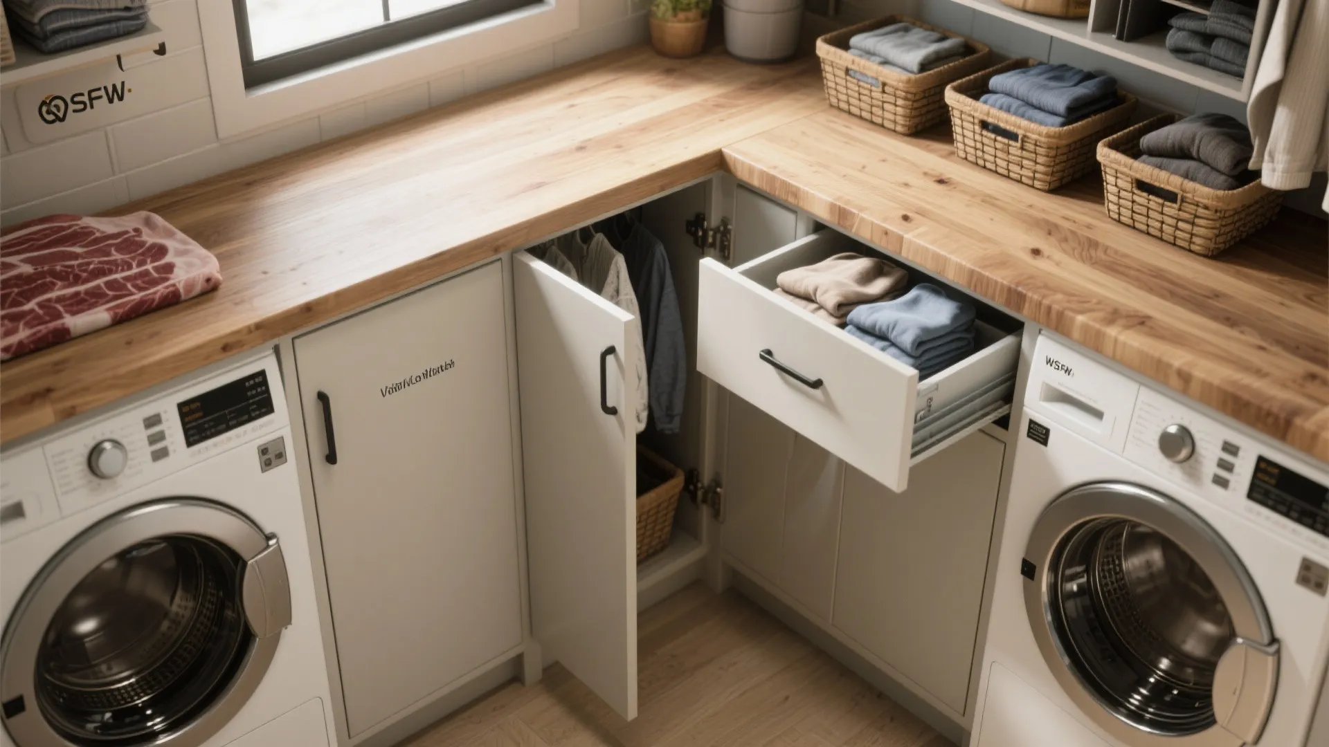 2. Fold-and-go countertop with slide-out hampers