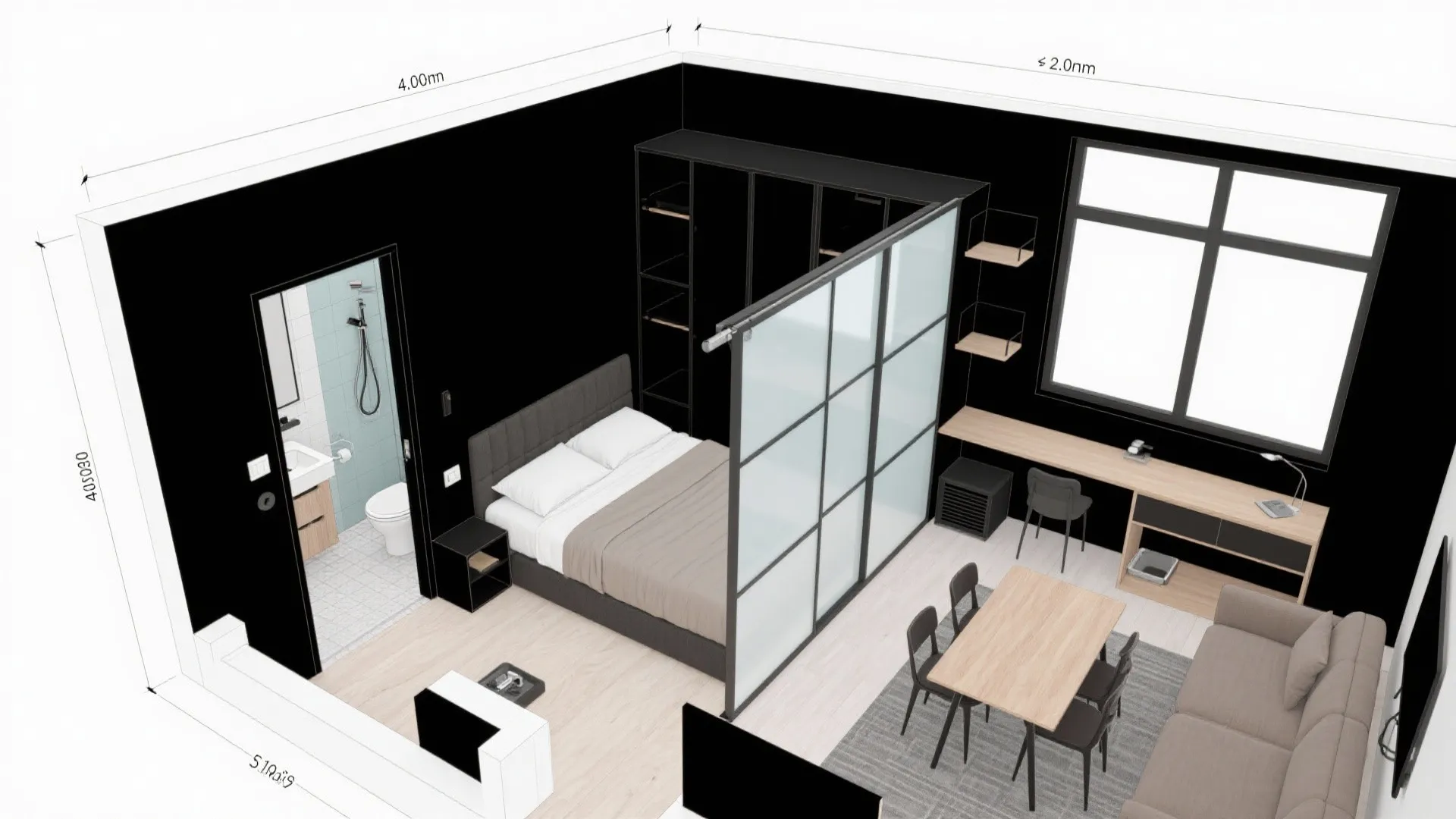 Fold-Grid Studio: Wall Bed + Sliding Partition