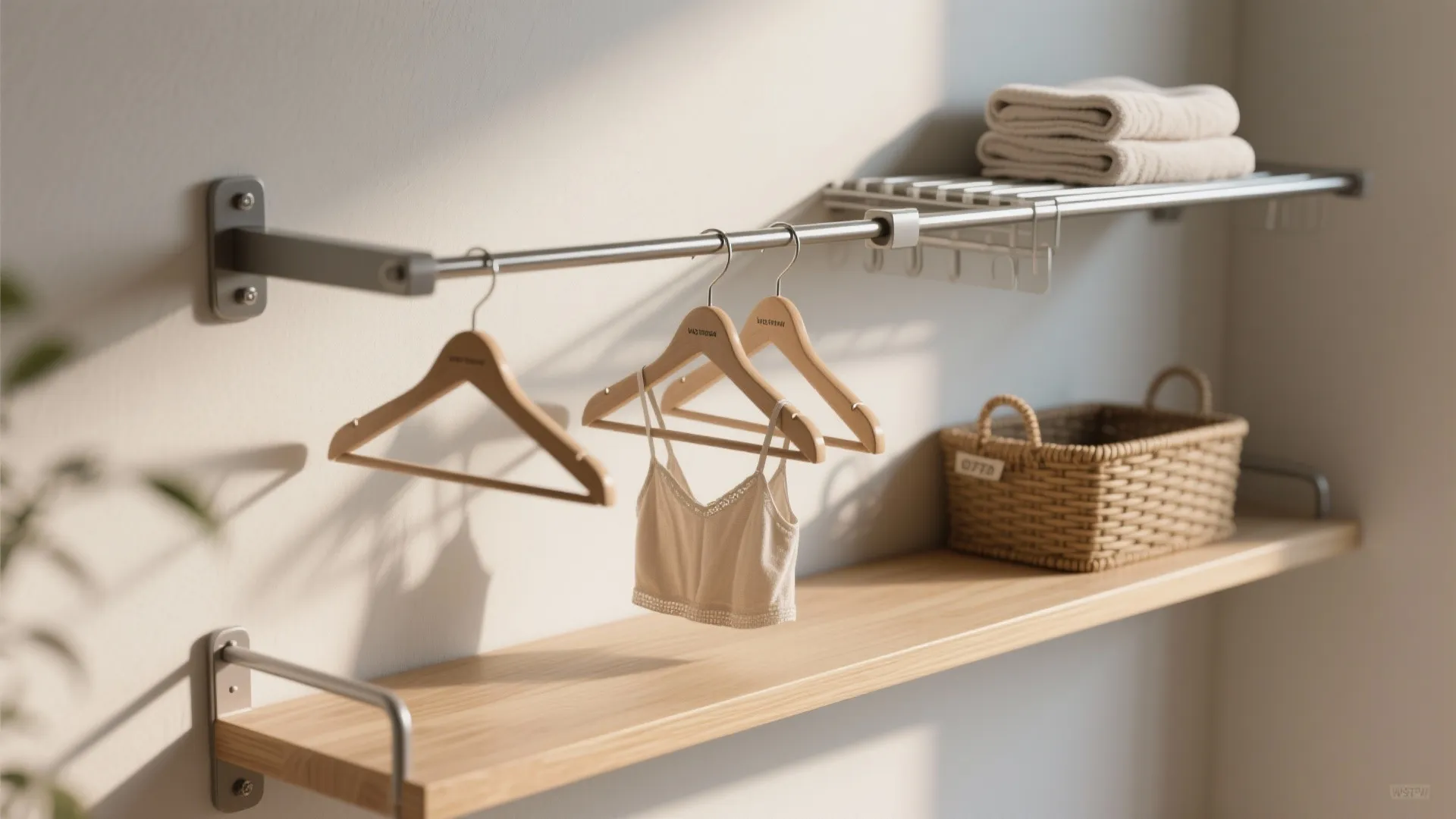 Metal rod with wooden hangers holding a white top above a light wood wall shelf