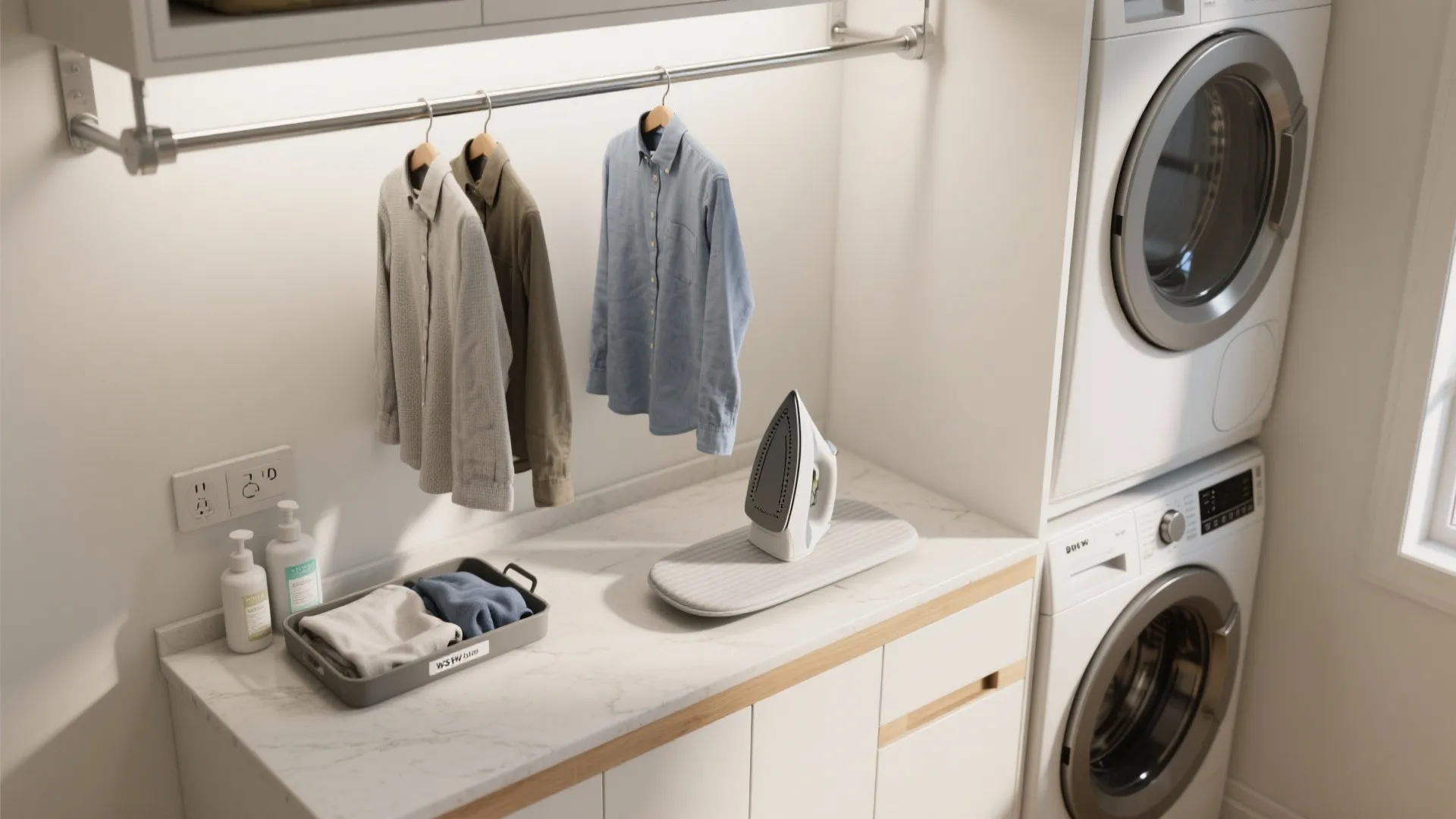 Laundry station with iron clothes on hangers white cabinets stacked washer dryer and marble countertop
