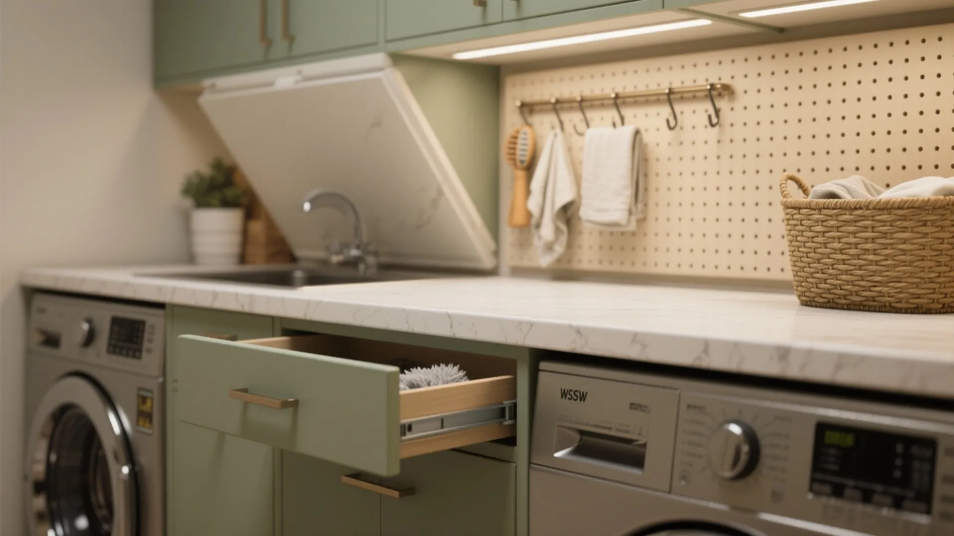 Modern green laundry cabinets with marble countertop open drawer washing machine and wooden storage pegboard
