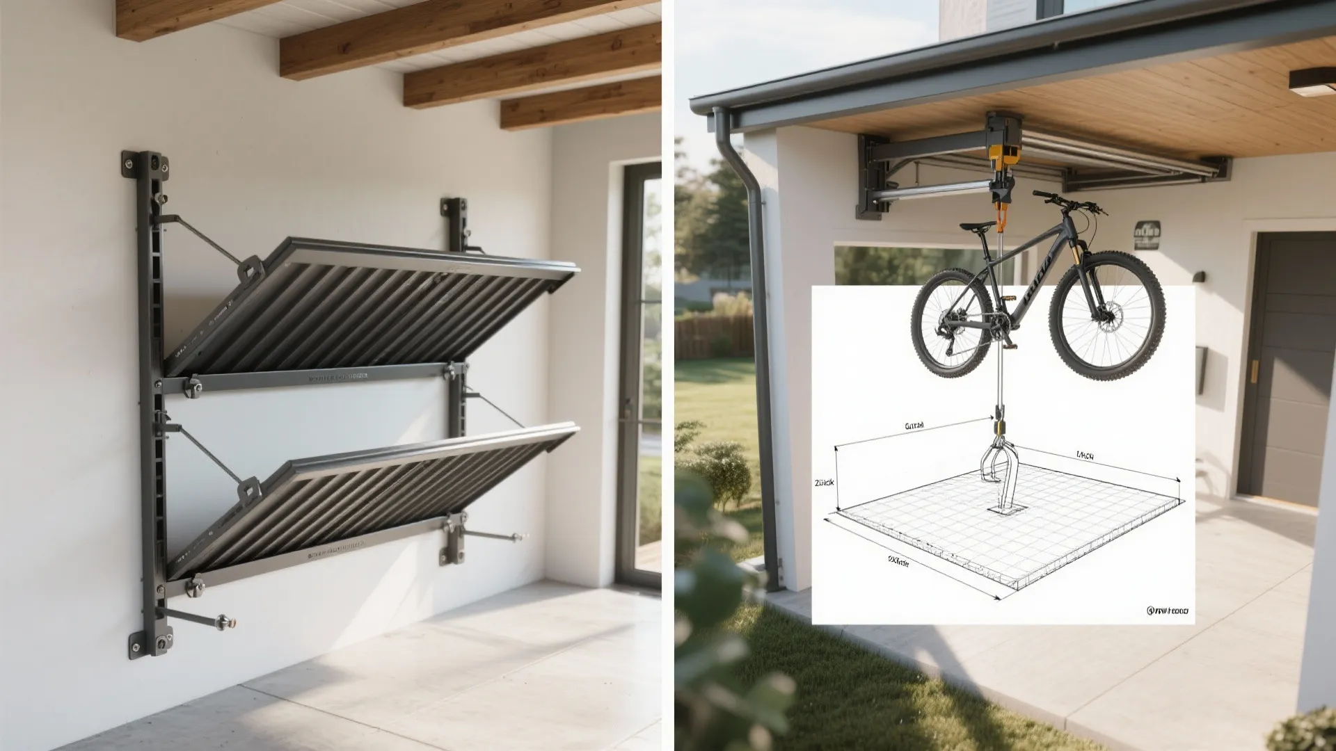 Two images showing wall mounted folding racks and a ceiling hoist system for bicycle storage