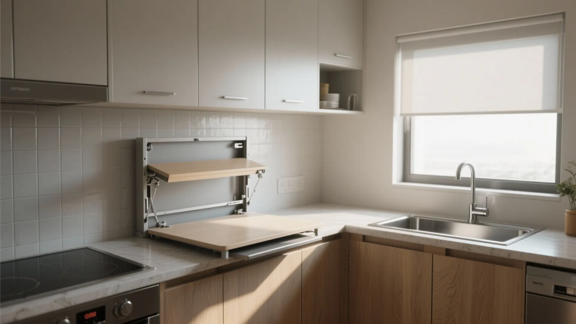 Kitchen counter with a folding wooden shelf unit next to a sink and white cabinets