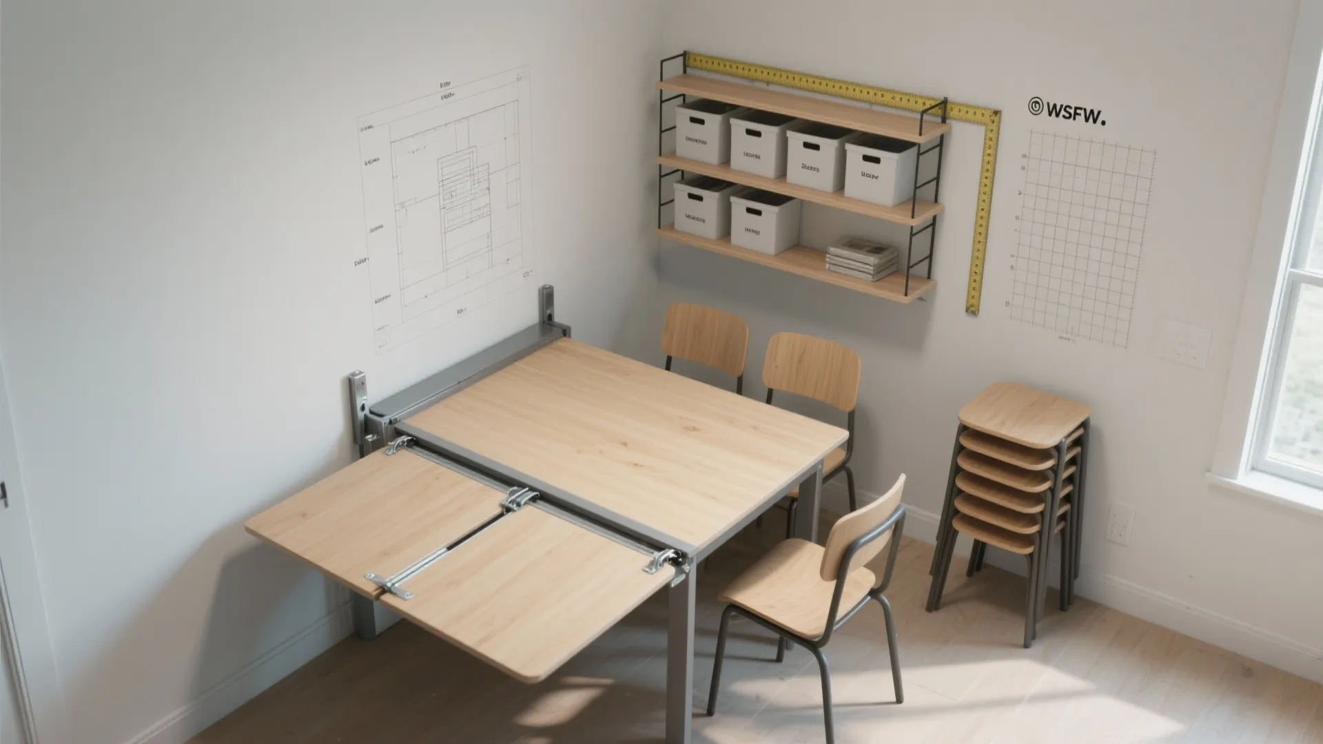 Small room with folding wood table stackable chairs wall shelves and interior design drawing on wall