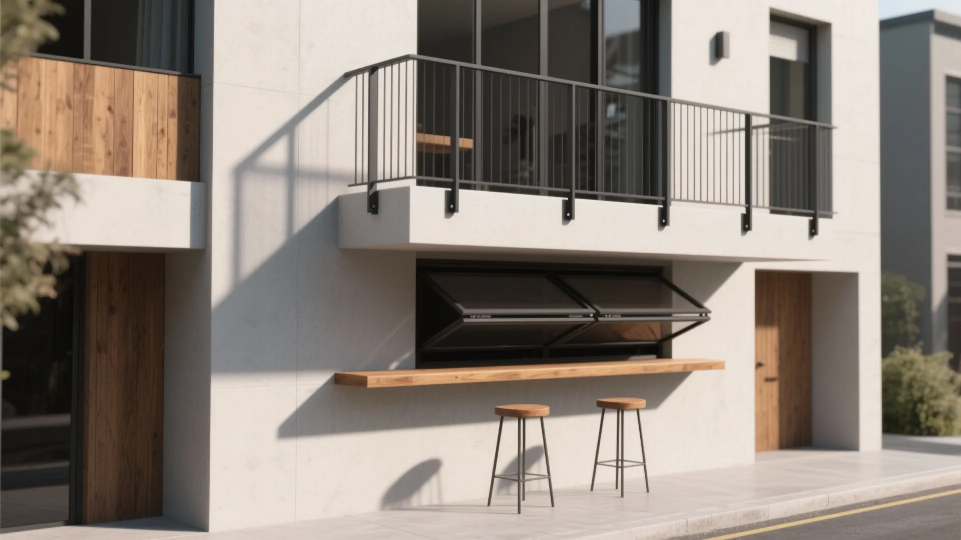 White exterior wall with black balcony railing above wooden bar ledge and two tall stools