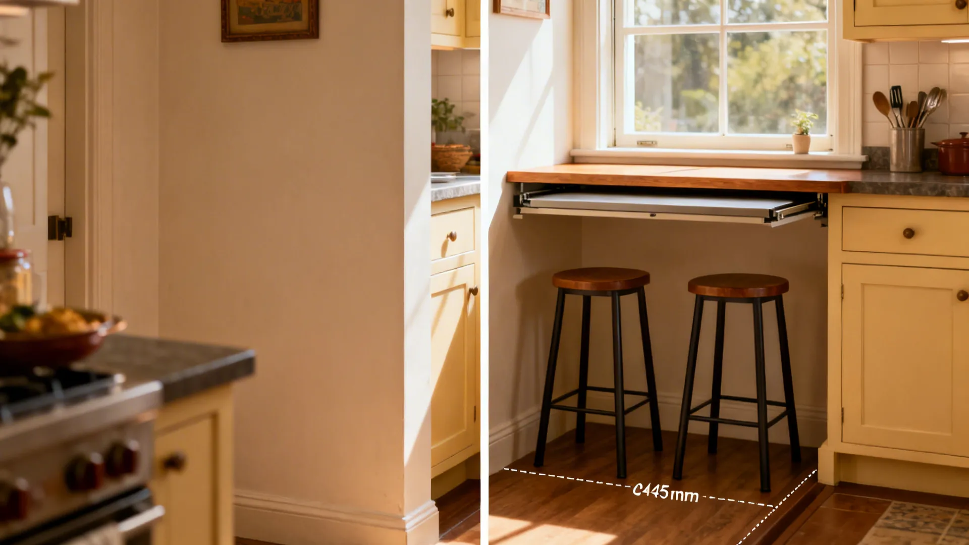 Before and after showing a fold-down dining ledge added to a compact Indian kitchen corner.