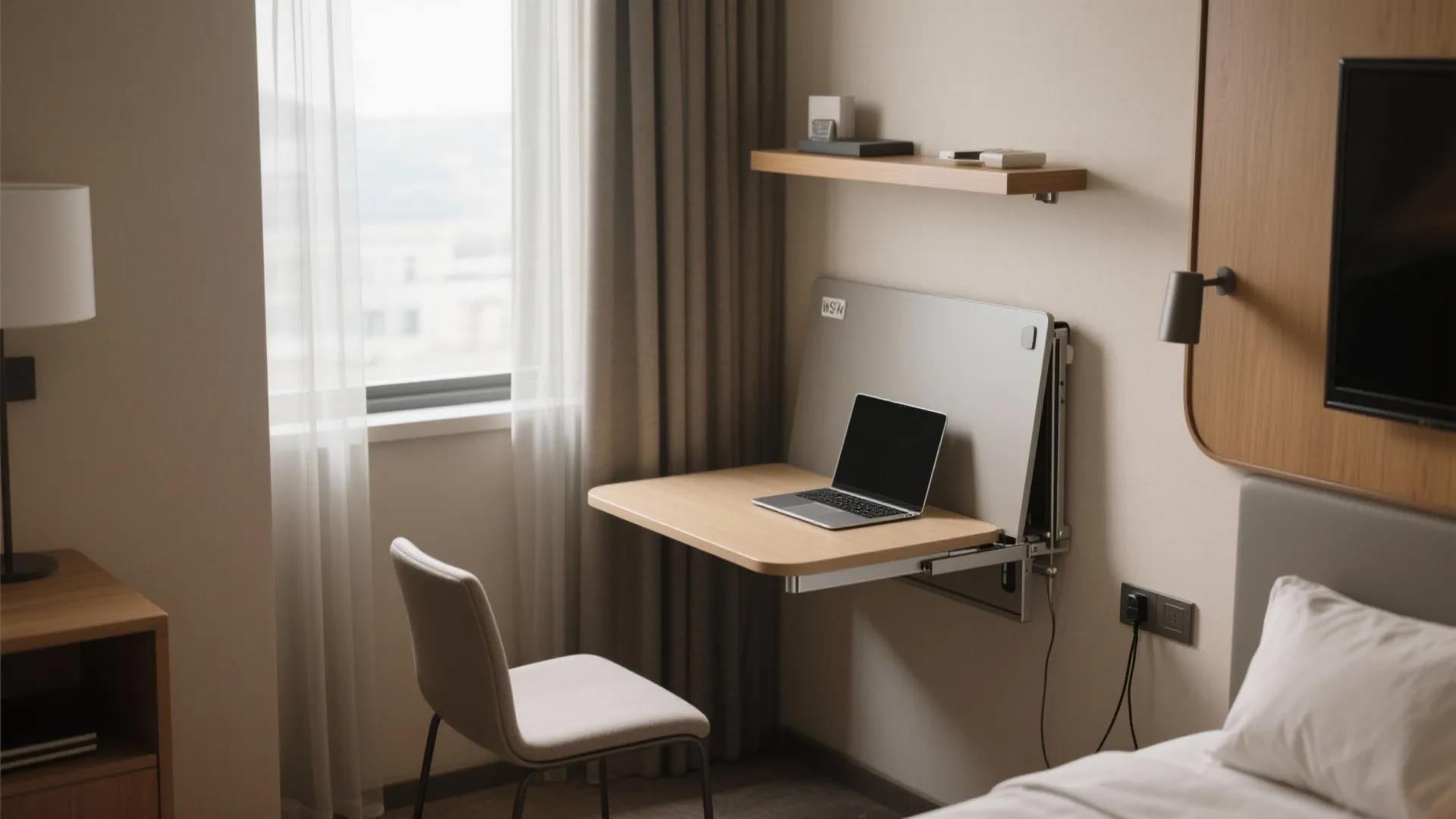 Compact hotel room with wall mounted folding desk laptop chair window and wood shelf above it