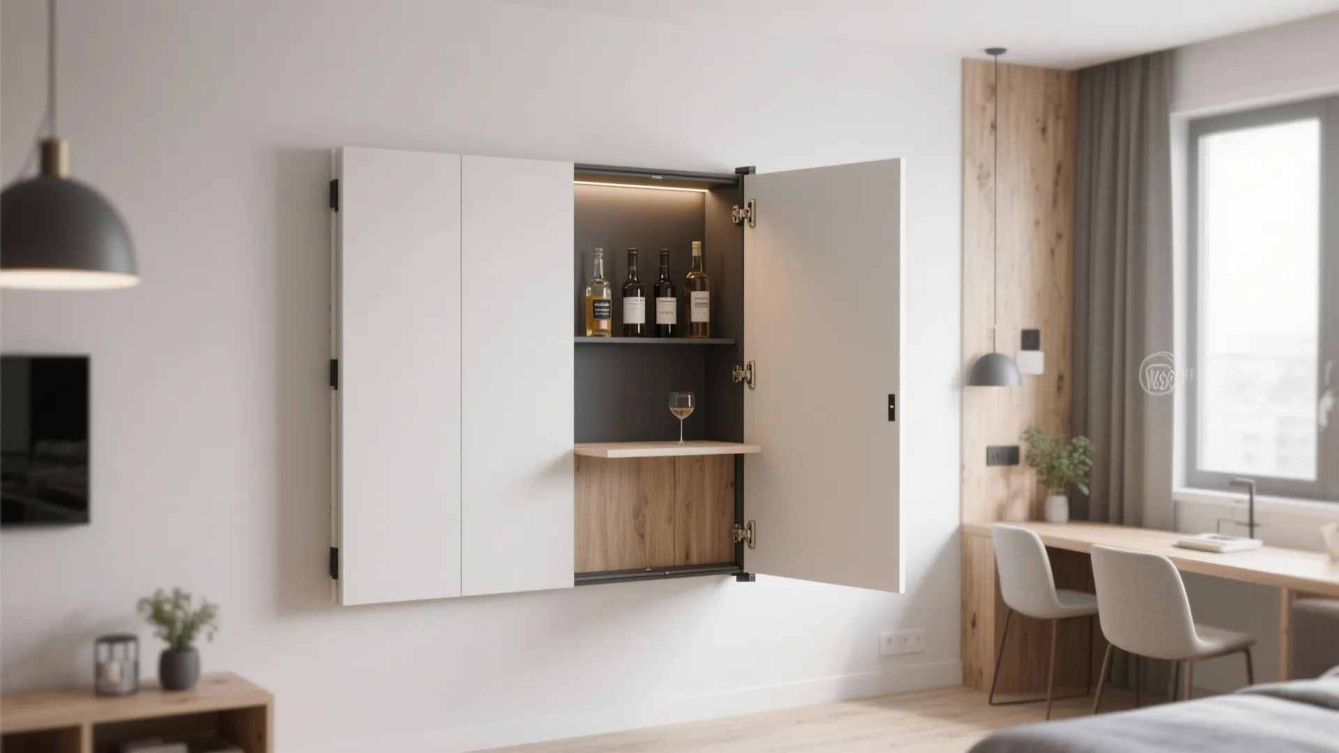 Hidden fold-out wall bar cabinet in small living space