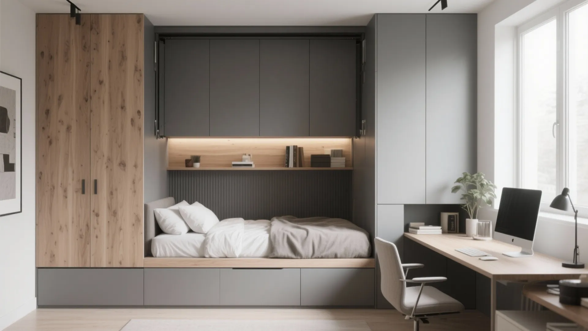 Modern home office featuring grey built-in cabinets with integrated bed wooden desk chair and window