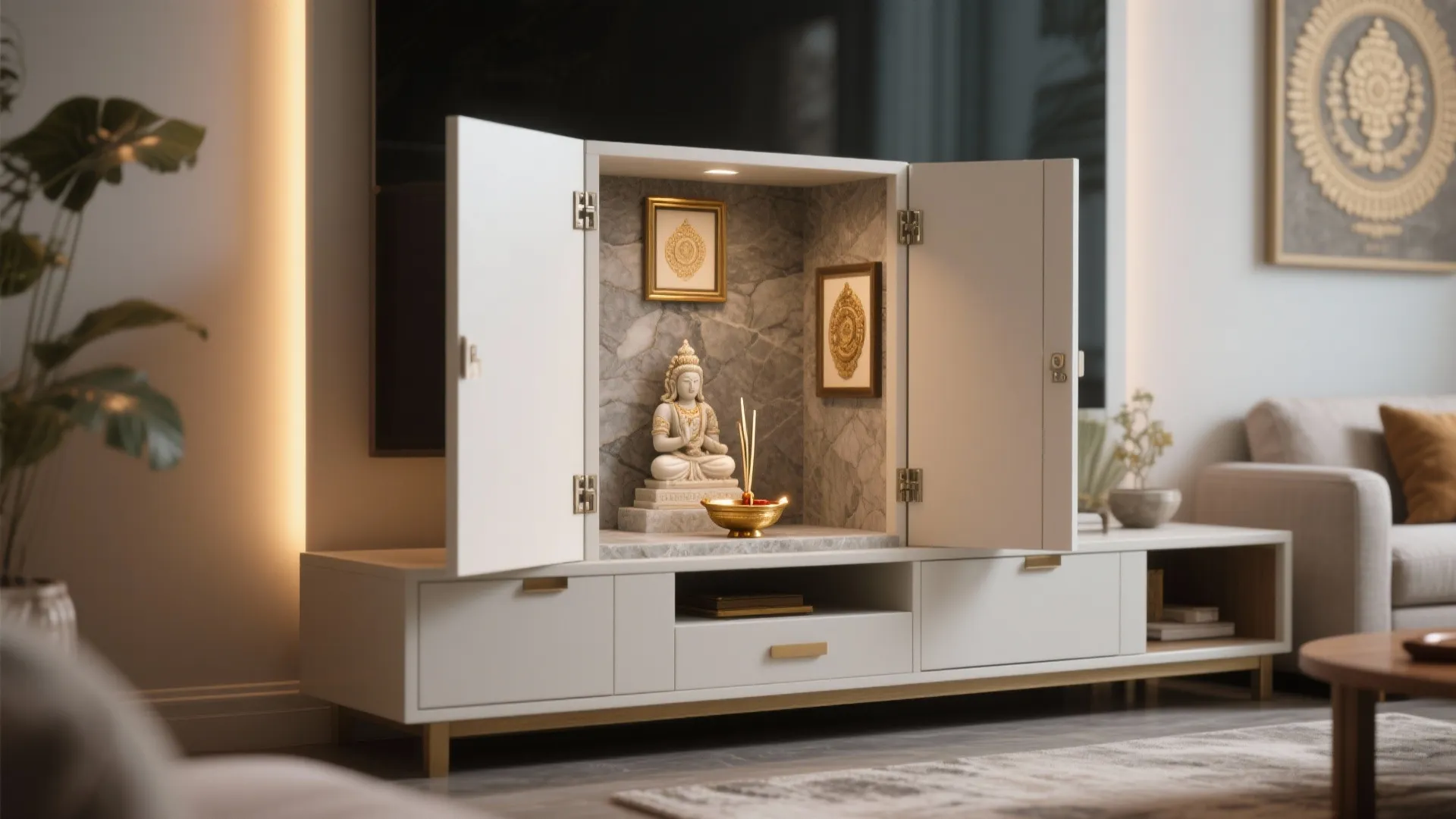 Fold-out console mandir with hinged front revealing a compact altar.