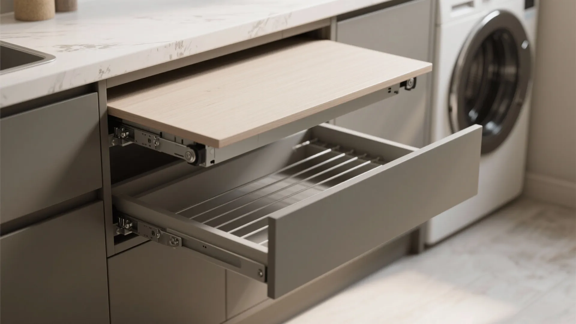 Grey kitchen cabinet with pull out wooden counter and drawer beside a white laundry washing machine