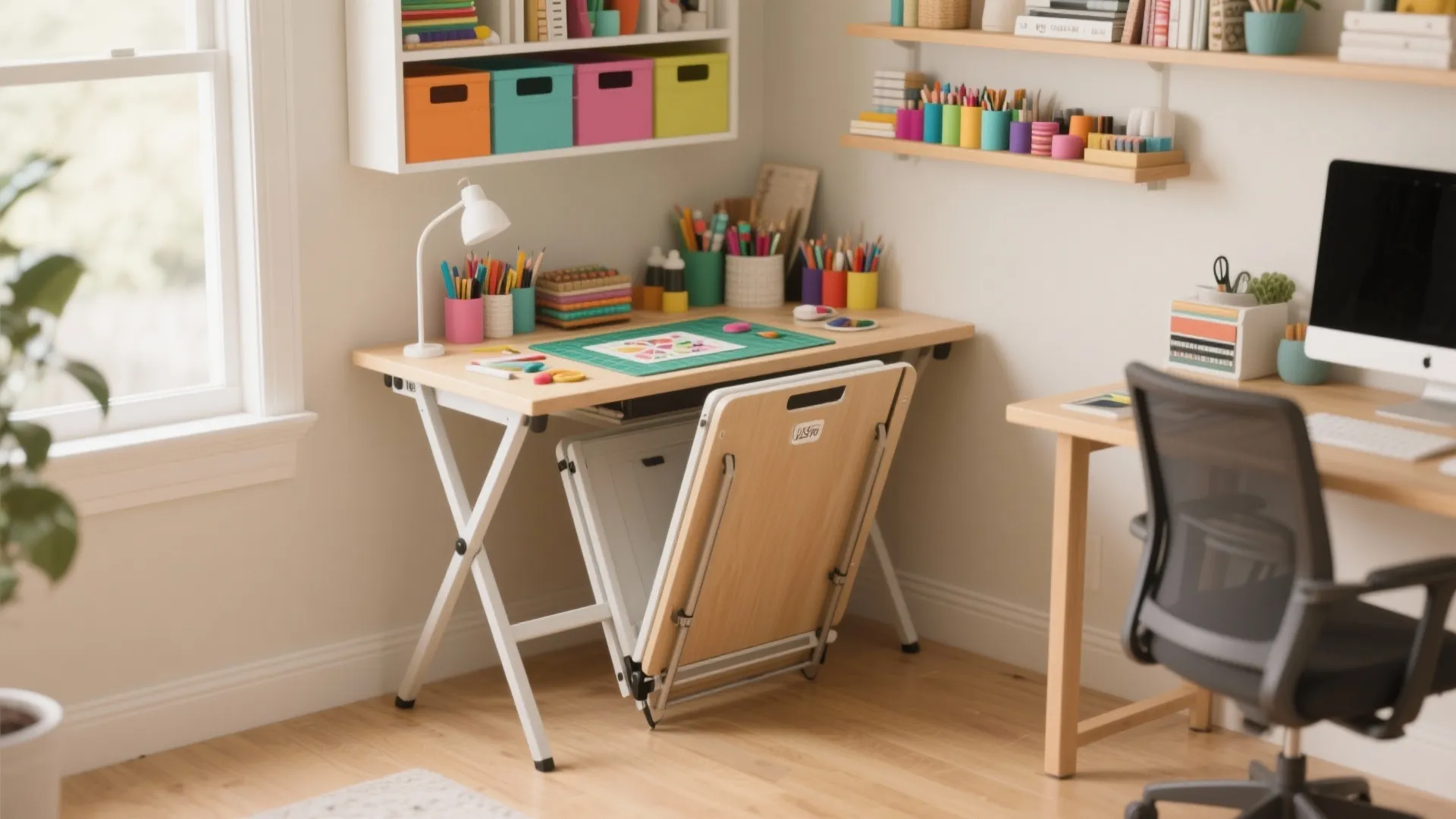 Small home office with light wood folding desk colorful storage boxes and various art supplies
