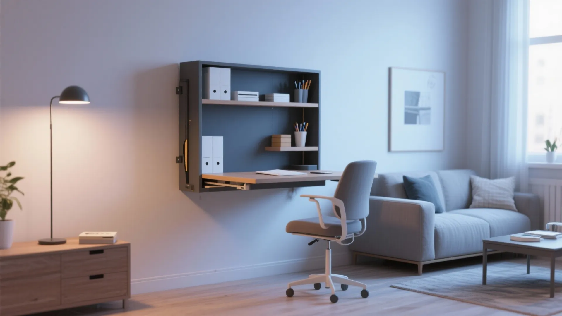 Wall-mounted fold-out desk in a bright living room