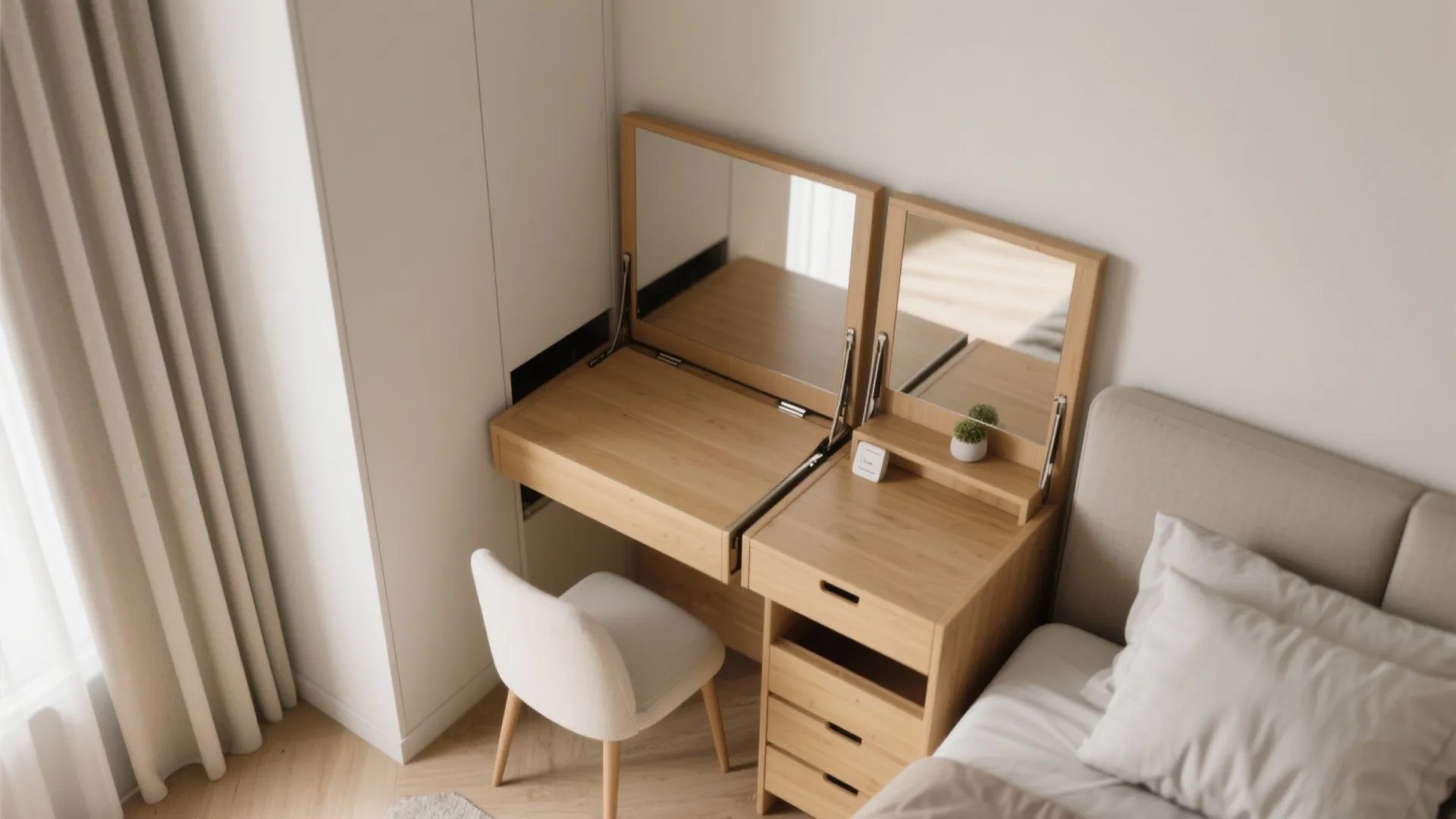Wooden fold out desk with two open mirrors and a white chair in a bright bedroom