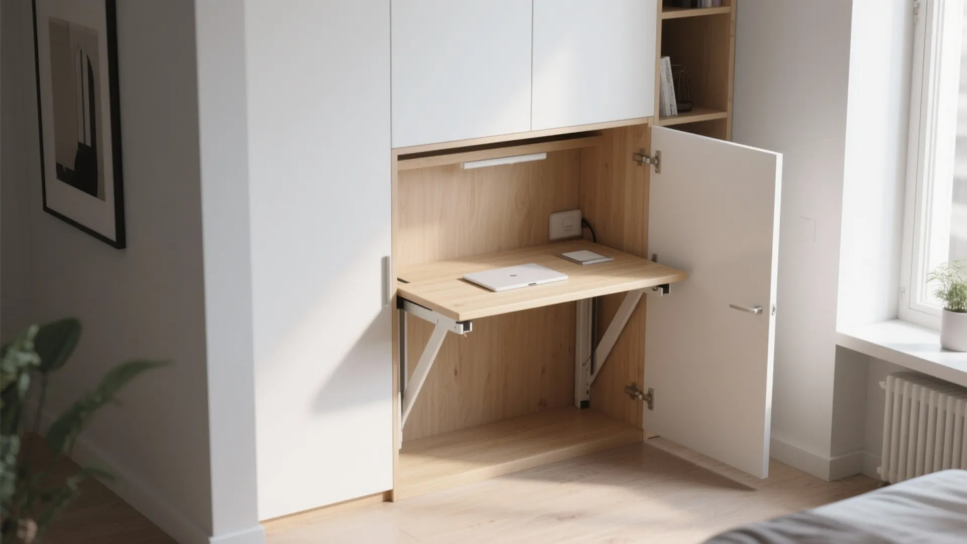 Fold-out desk hidden inside a cabinet in a small study