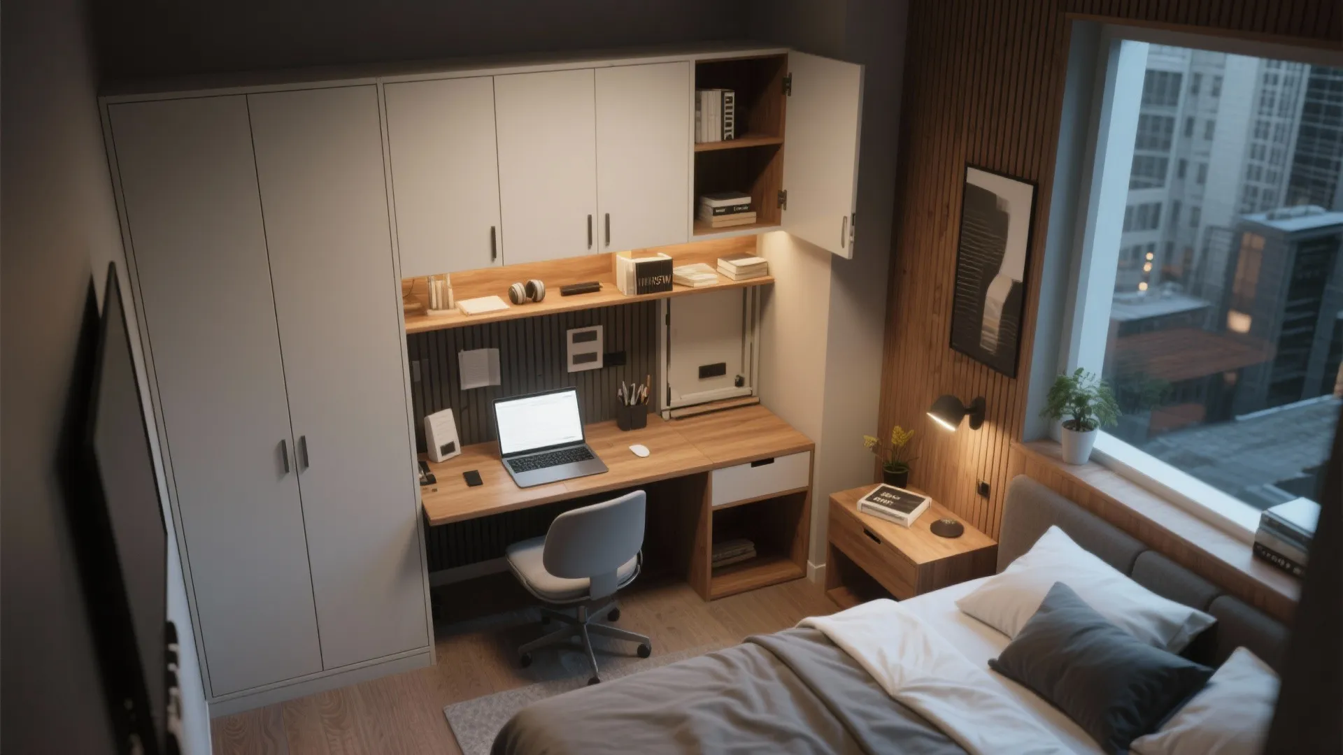 Small bedroom interior design showing wooden desk with laptop, grey bed, and white wall cabinets