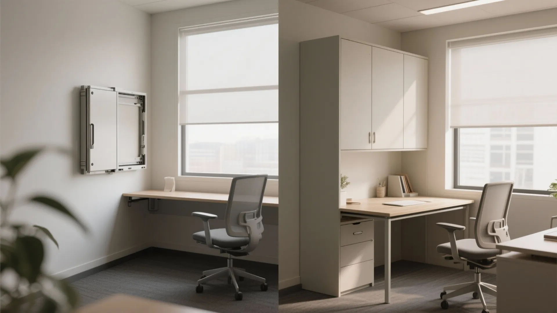 Interior design drawing showing a before and after comparison of a wall mounted office desk