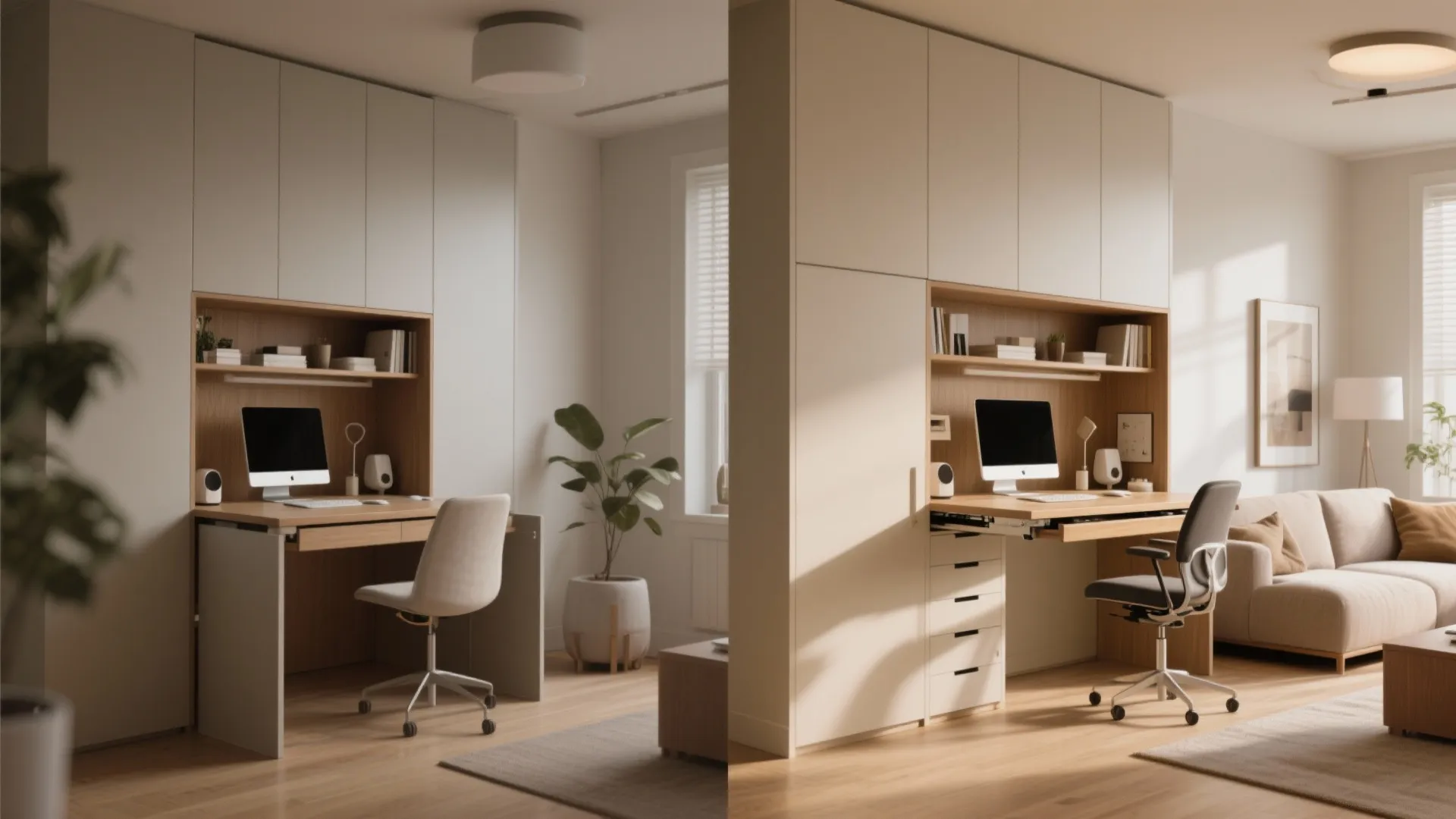 Comparison showing a built-in cabinet desk versus an open workspace with sofa and plant view