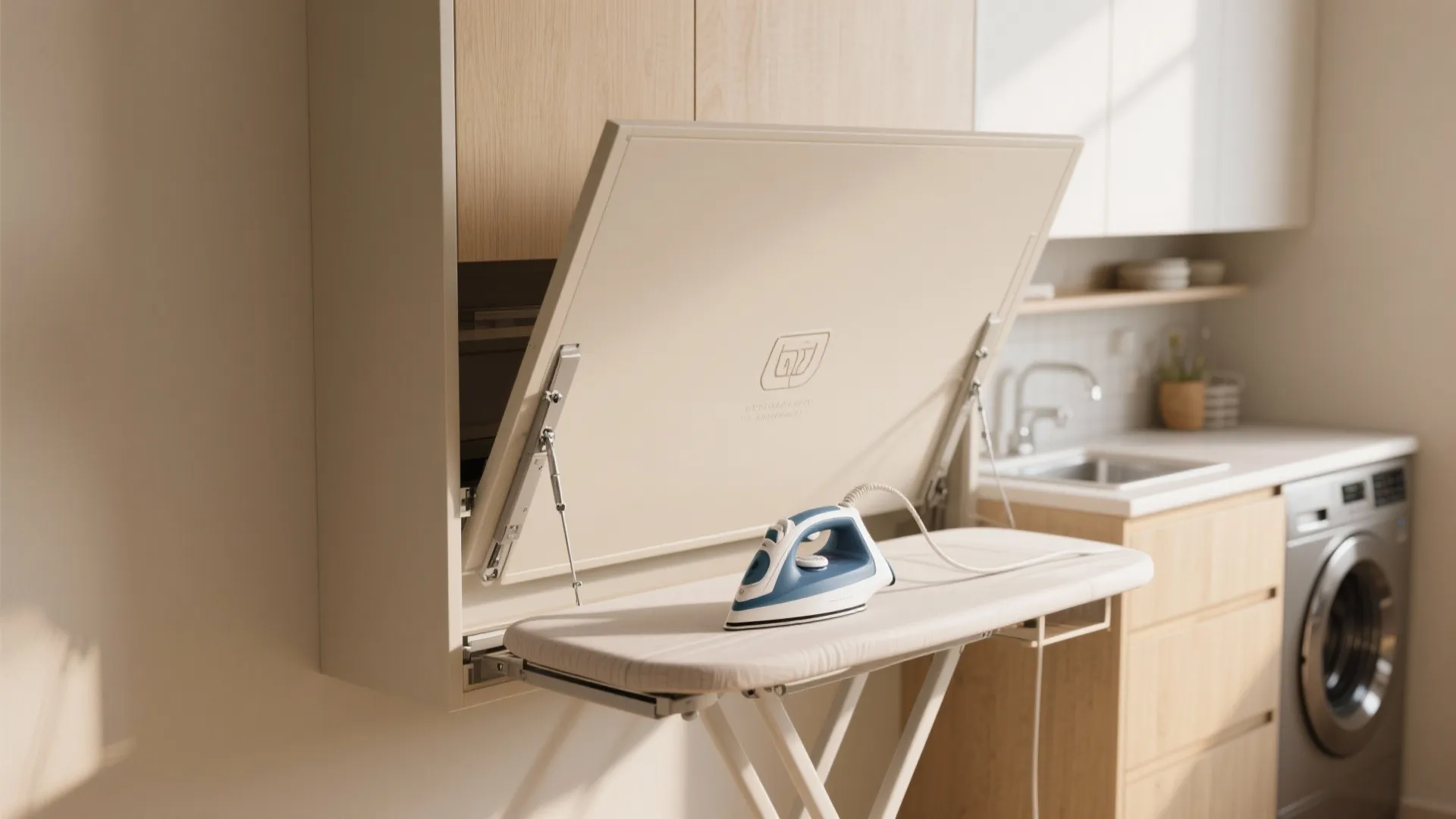 Fold out ironing board with blue iron showing space saving laundry room design for home