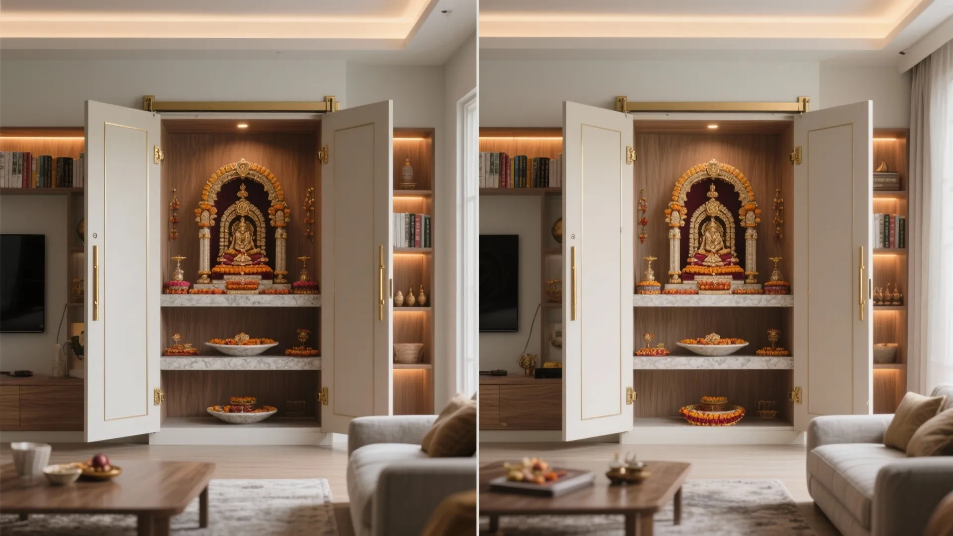 Fold-out mandir cabinet shown closed and open, blending with a TV wall yet revealing a full altar.