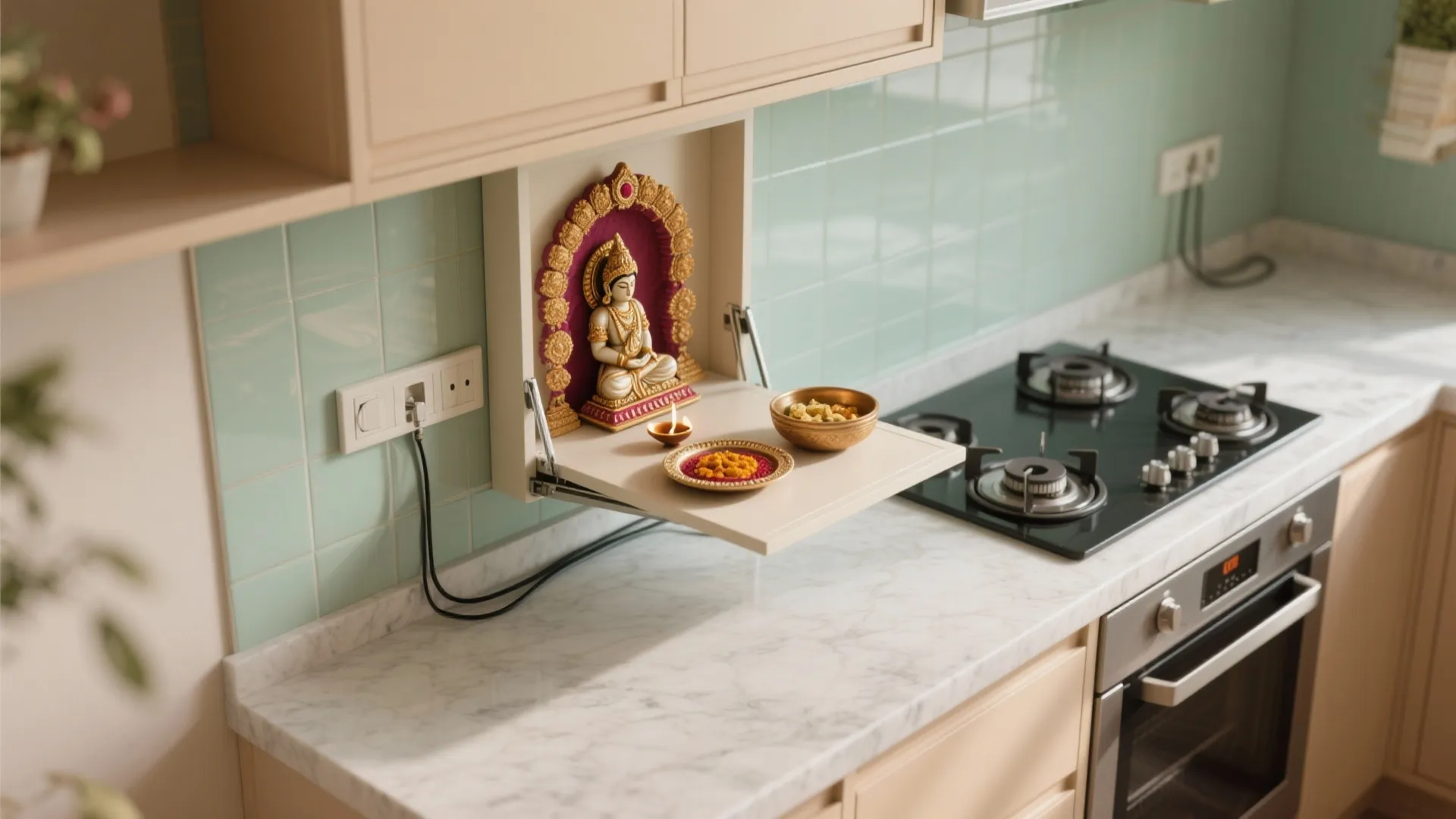 Fold-out mandir shelf over dead space