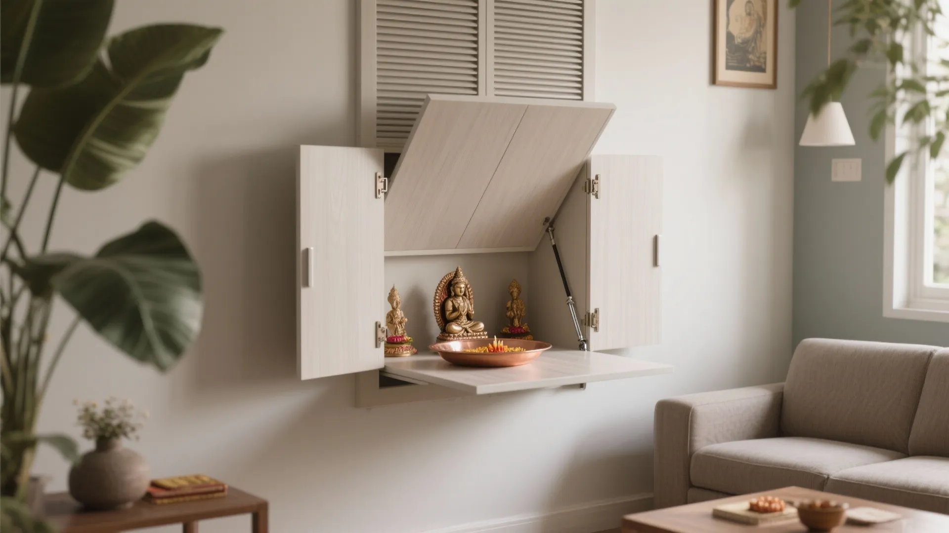 Fold-out pooja unit in a shallow niche with a drop-front panel forming the altar.