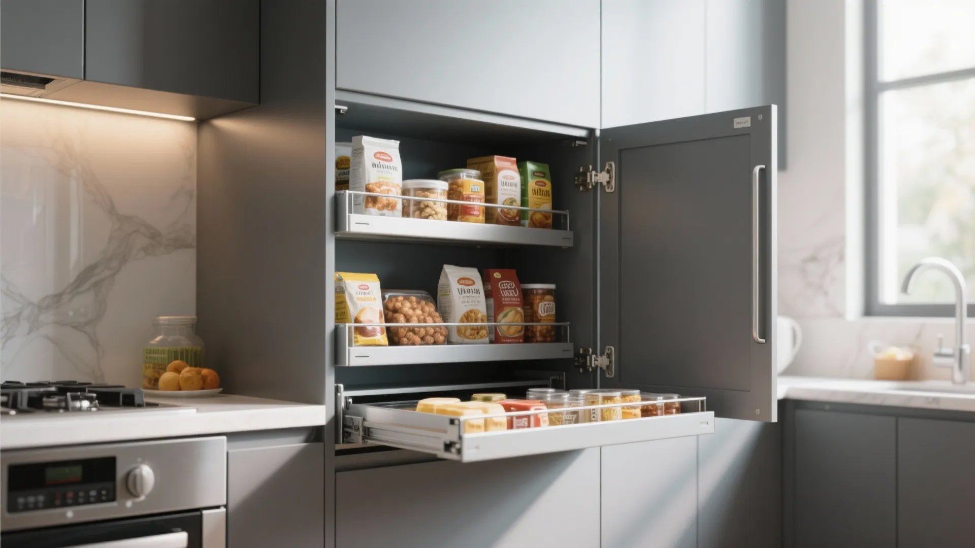 Grey kitchen cabinet with open door and pull out shelves storing various food snack packages