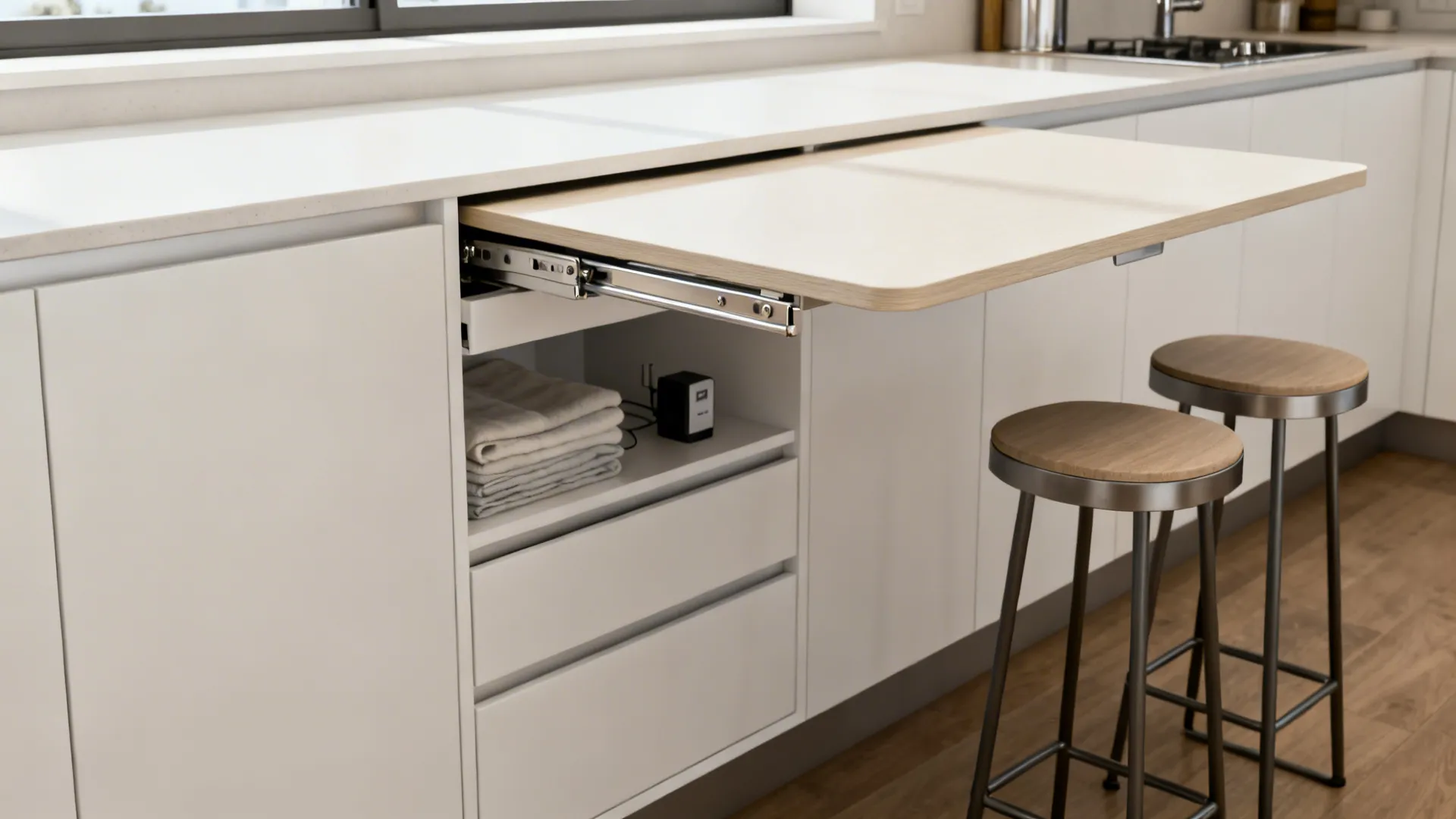 Concealed fold-out peninsula leaf extended from a base cabinet with matching fronts.