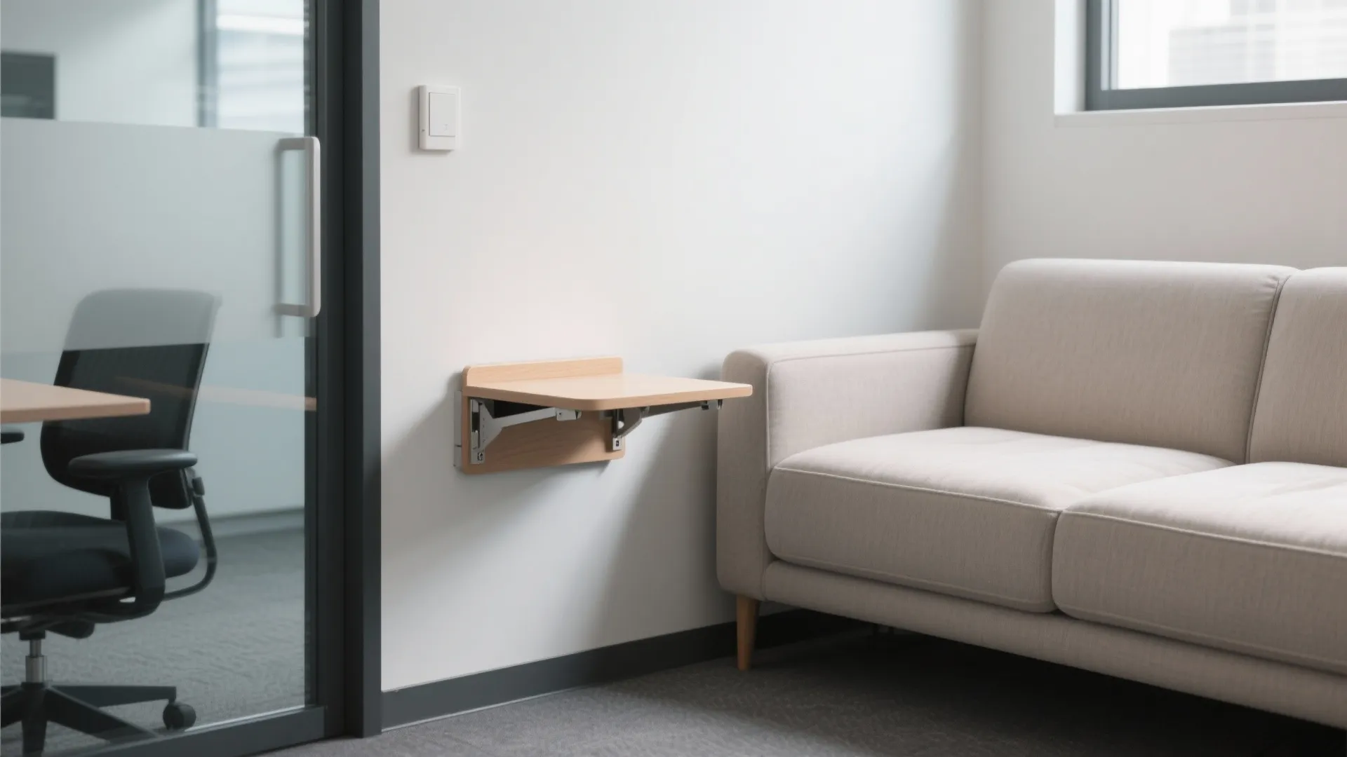 Wall-mounted fold-out side table near sleeper sofa