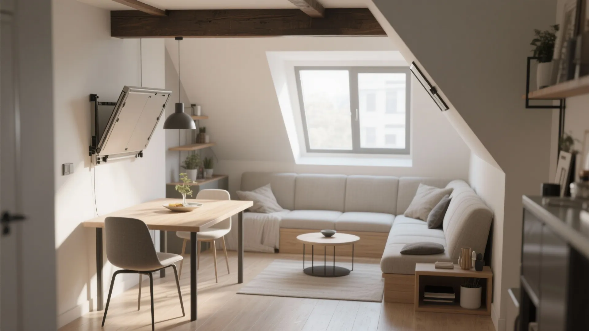 Attic living room with beige sofa wooden dining table fold out wall desk and window