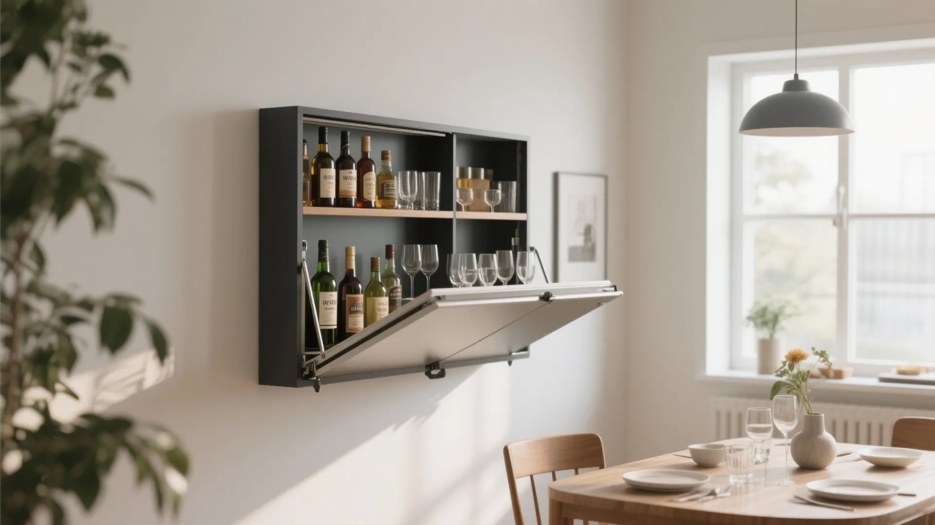 Black wall mounted bar cabinet with fold out door displaying wine glasses and liquor bottles