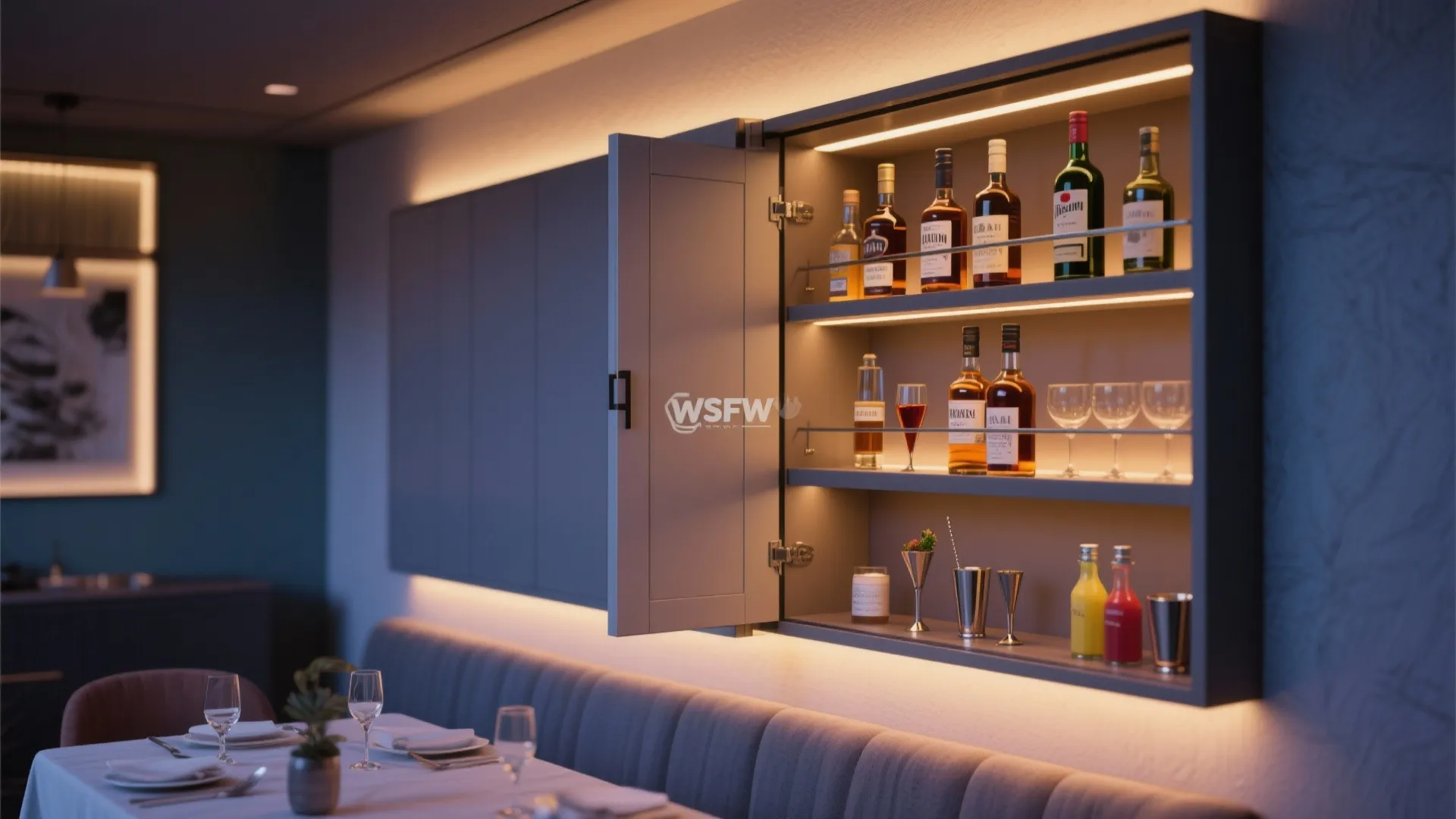 Wall mounted gray cabinet with open door showing wine bottles and glasses under warm yellow lights