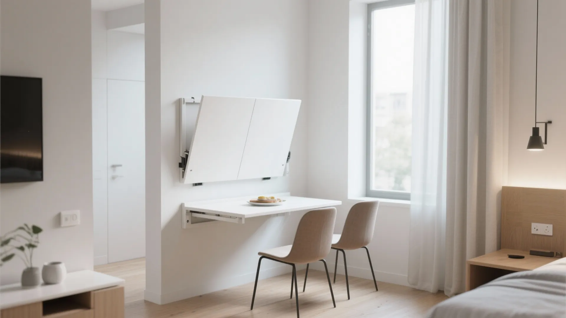 Fold-out wall-mounted table in a compact apartment dining space