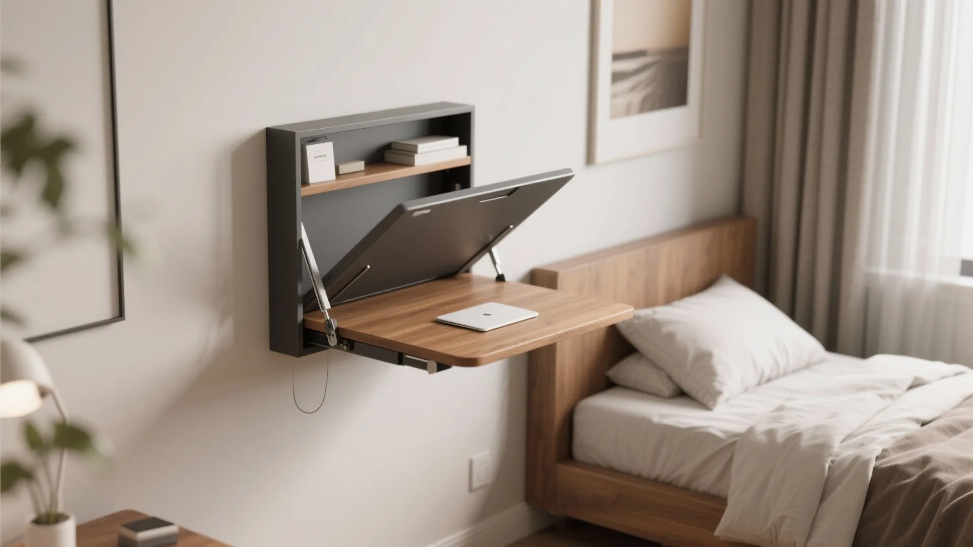 Wall mounted folding desk with laptop opened next to a wooden bed in a bedroom