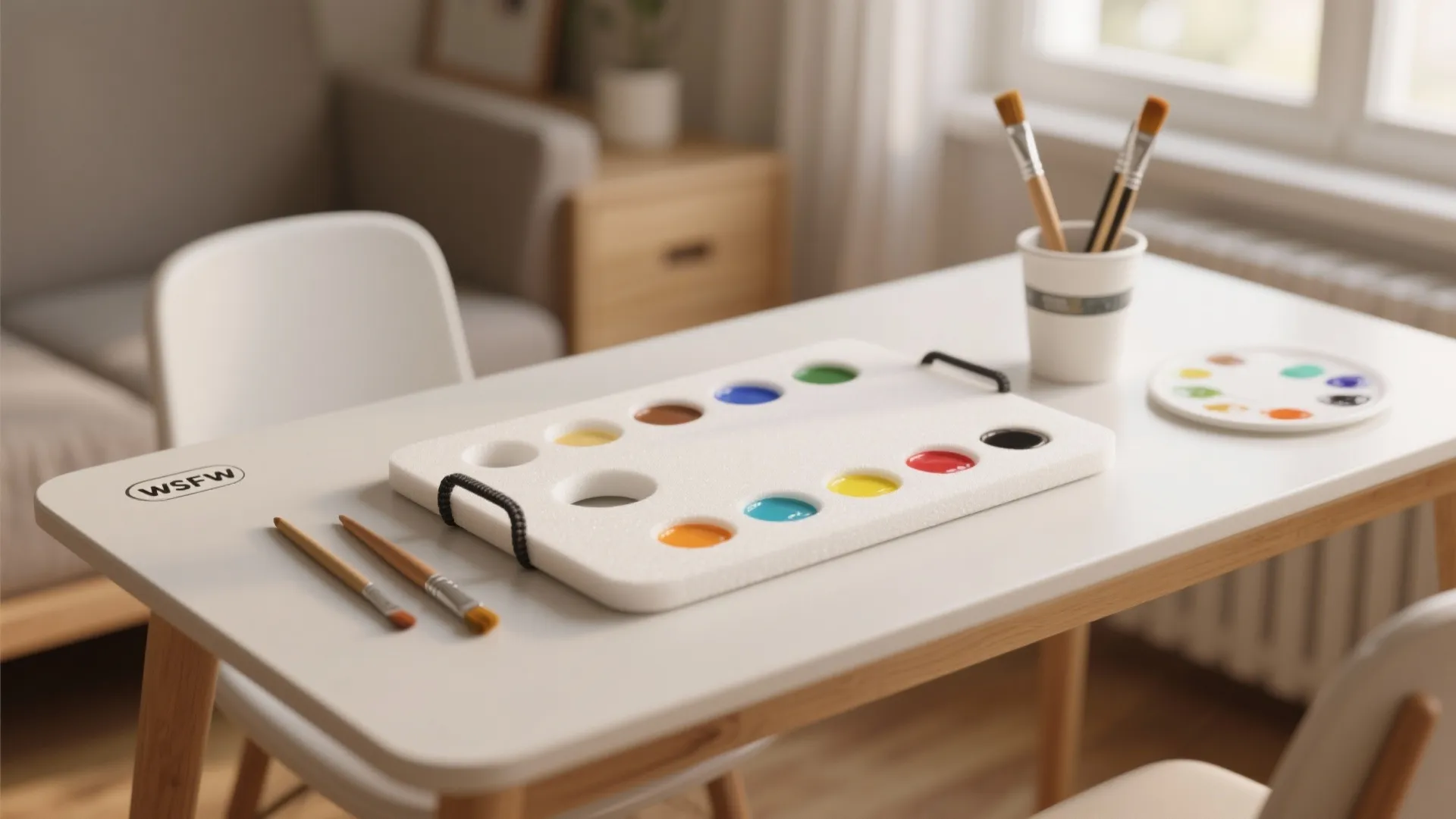 White paint palette with colorful paints on a white desk with brushes and small chairs