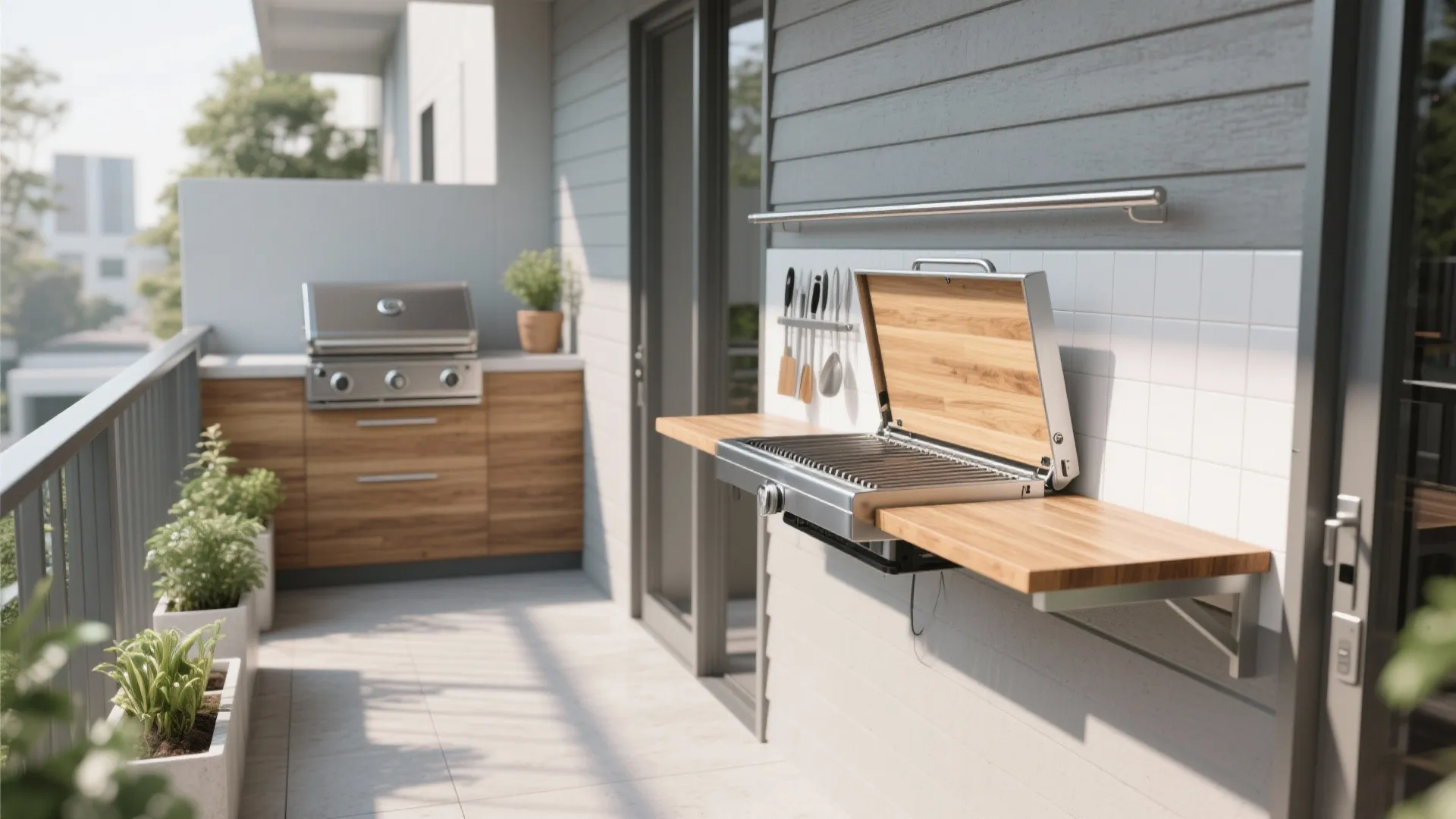 Minimal grill station with a fold-down prep surface